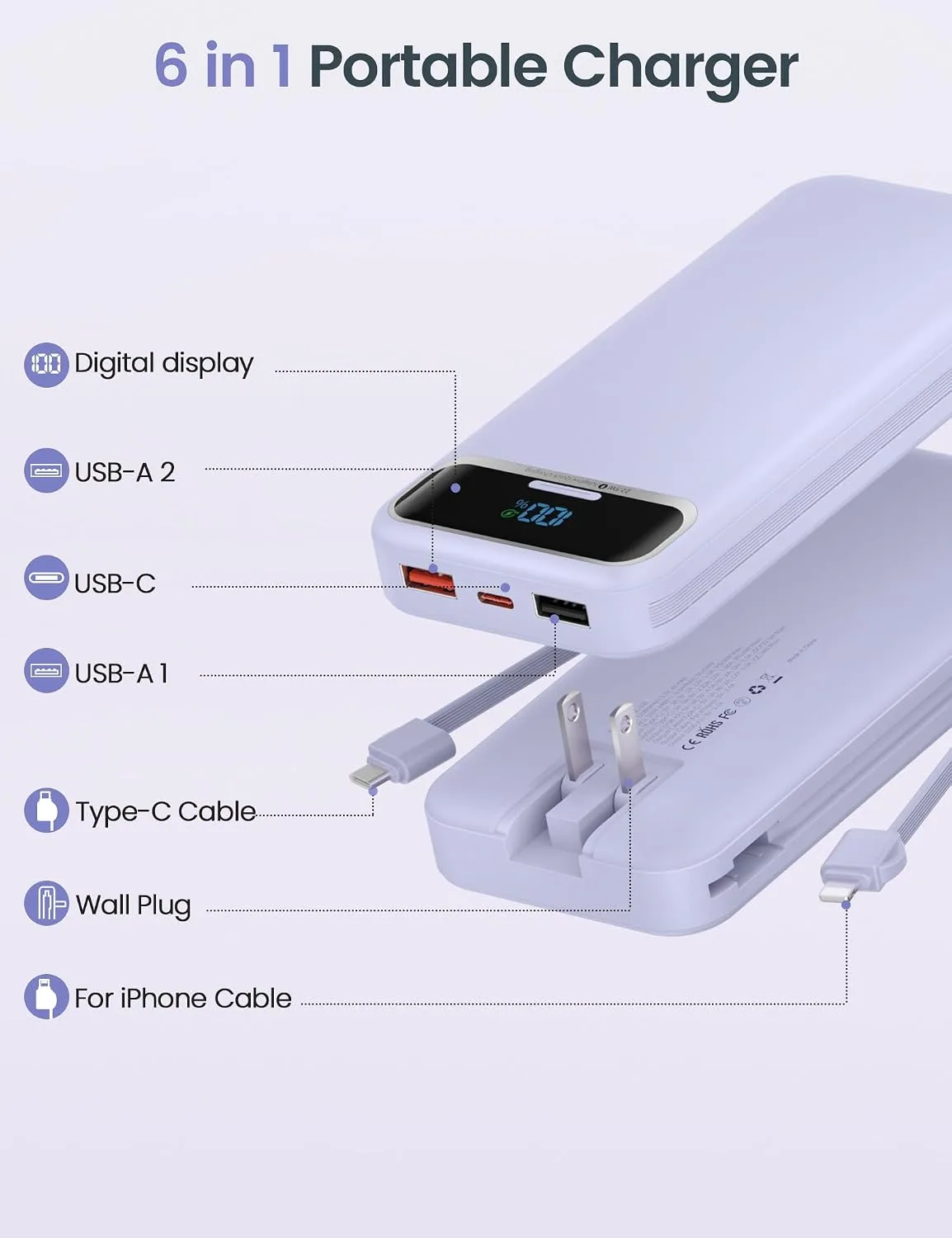 aonidi Portable Charger 12000mAh with Built-in Cables&AC Wall Plug, Purple