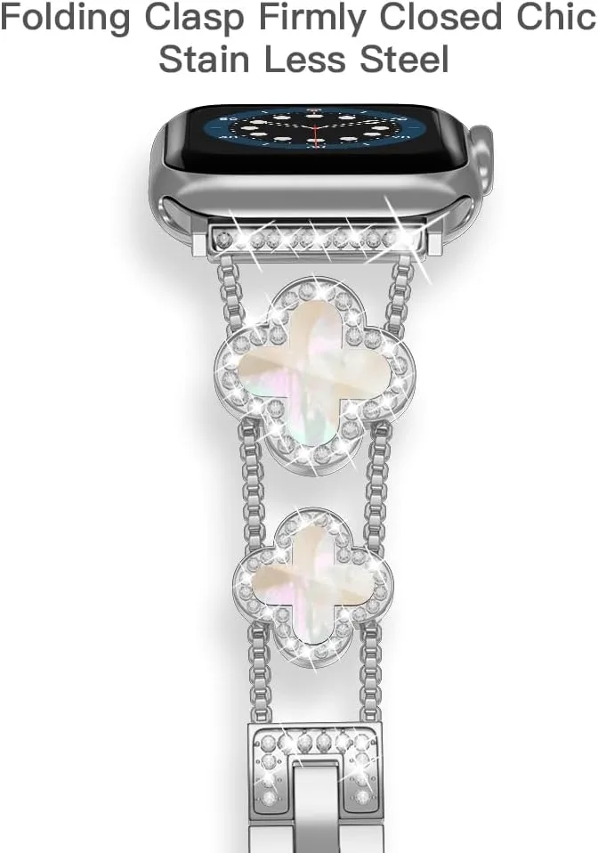 Musk-MSKR Diamond Metal Bands Add Sparkle to Your Watch For Apple Watch Series 12/11/10/9/8/7/6/5/4/3/2/SE/Ultra Clover Simple and Stylish Compatible with 38mm40mm41mm42mm44mm45mm 46mm49mm Women's Wear