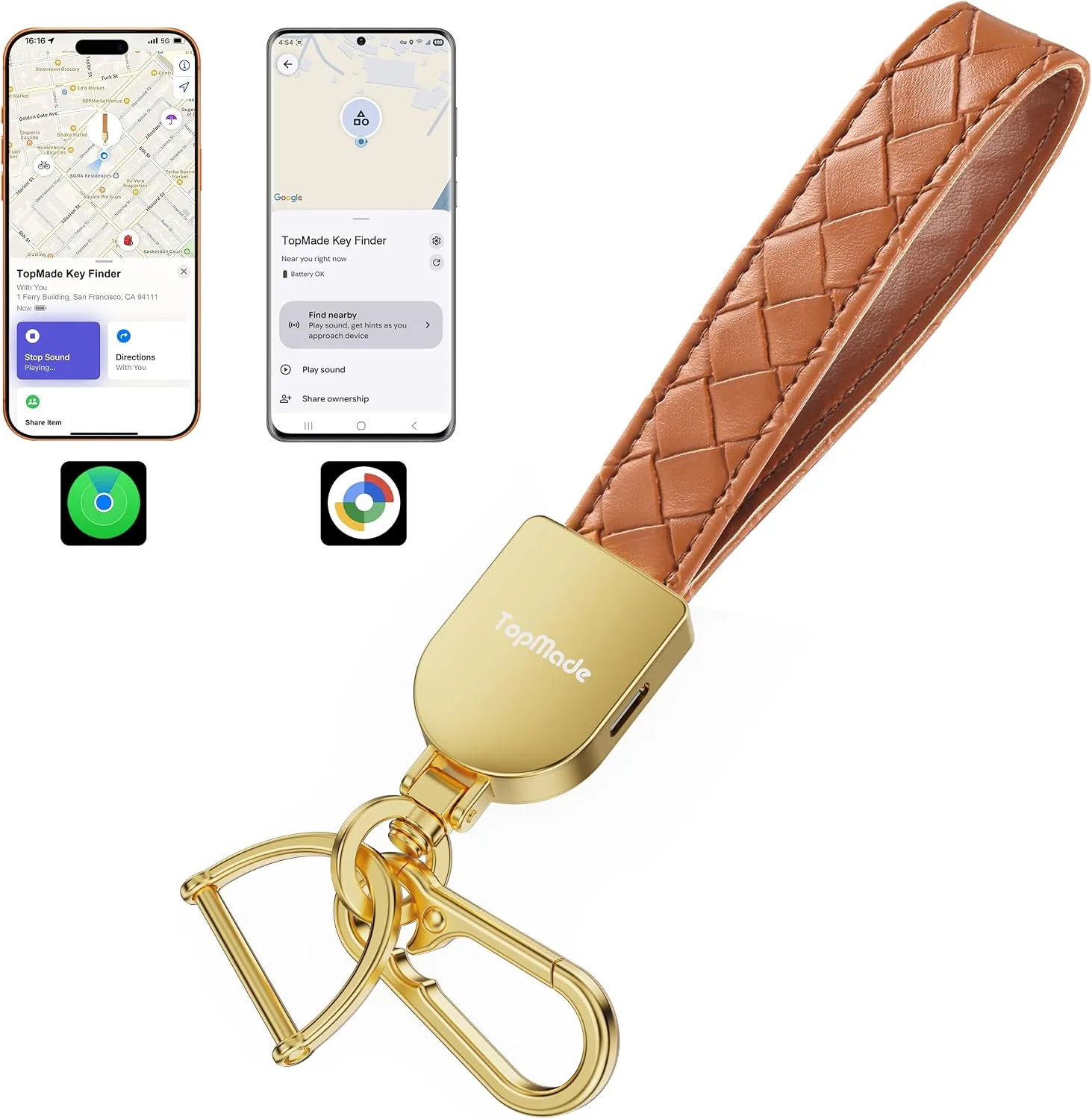 Smart Keychain Tracker (iOS & Android), Car Key Finder, Brown & Gold