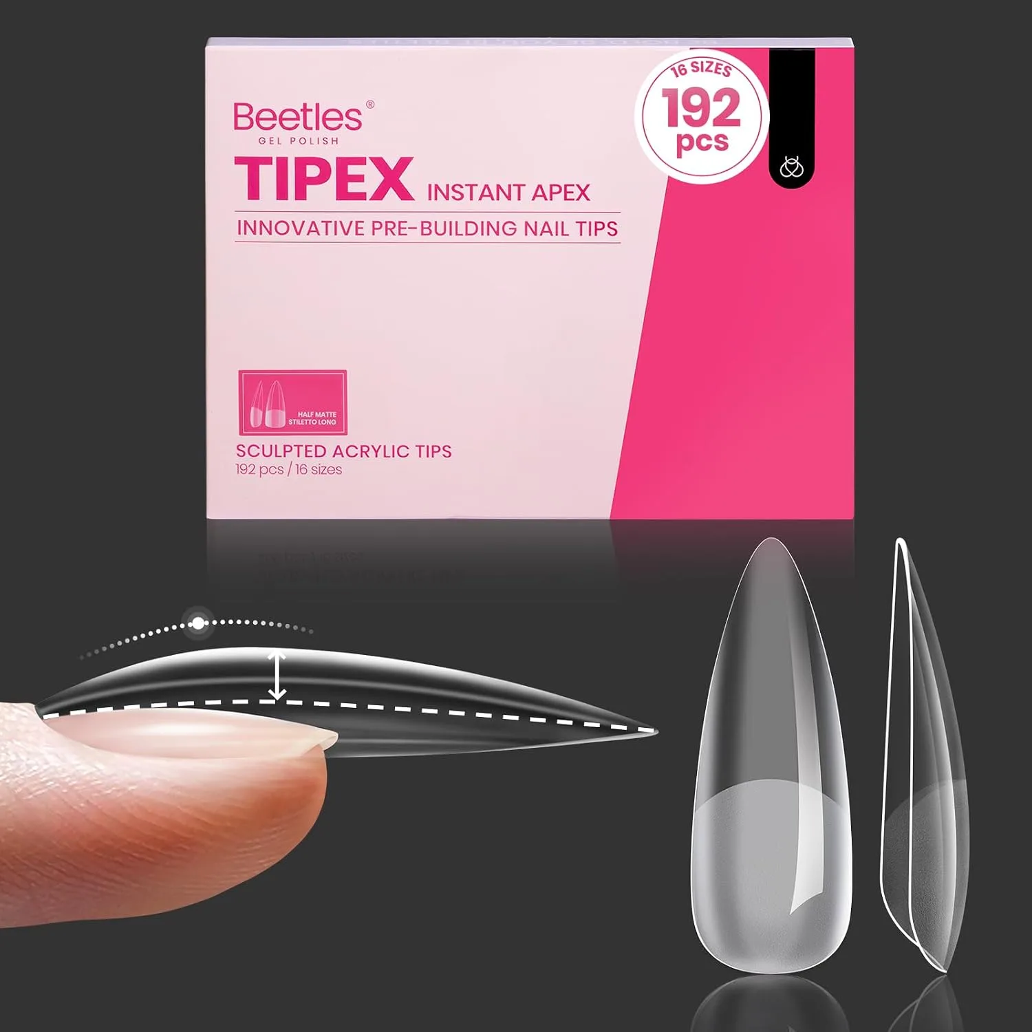 Tips para uñas Beetles Tipex Instant Apex, Stiletto largo, 192 piezas 16 tallas (00-14)