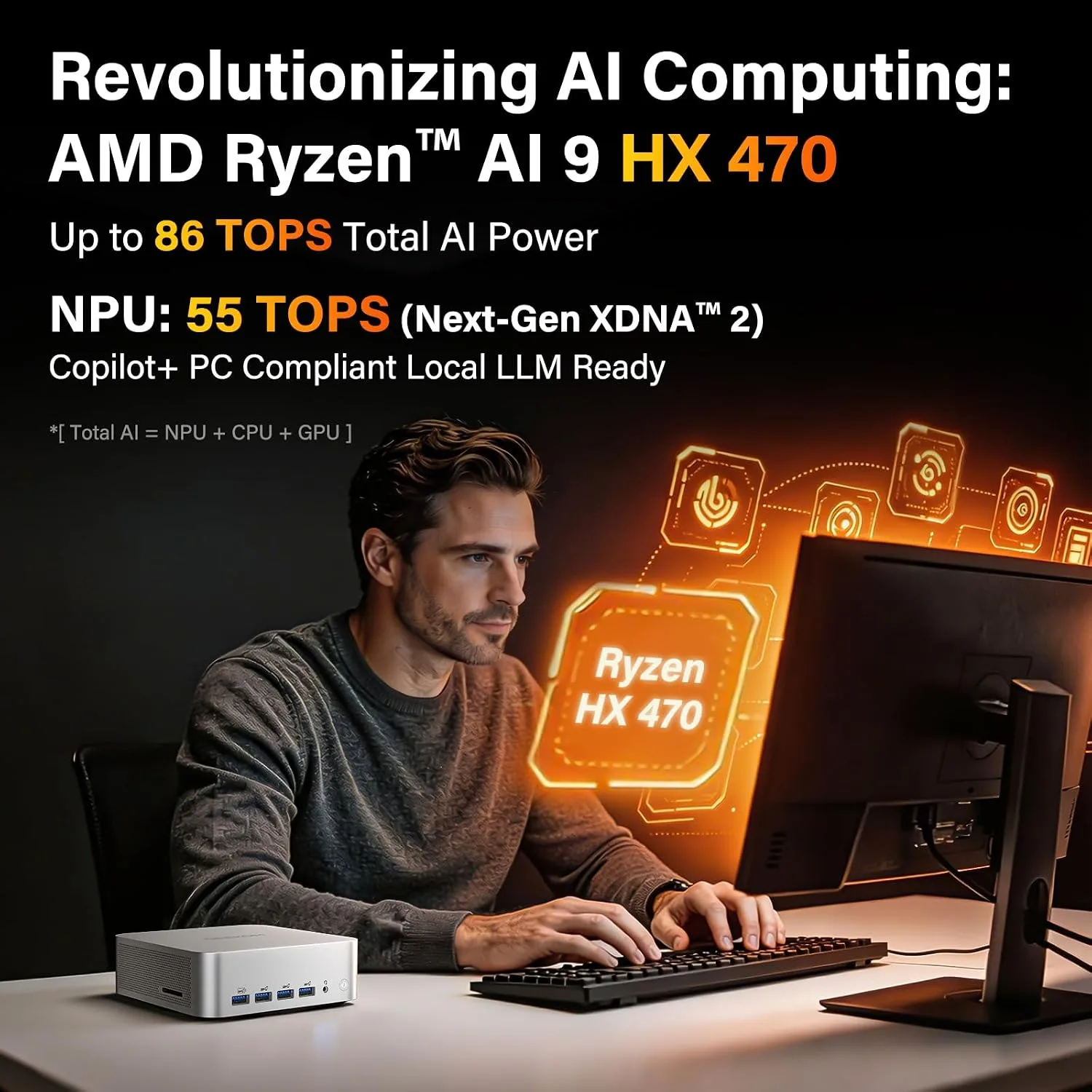 GEEKOM A9 Max Top AI Mini PC,AMD Ryzen AI9 HX470(86 Tops)|32GB DDR5+2TB SSD