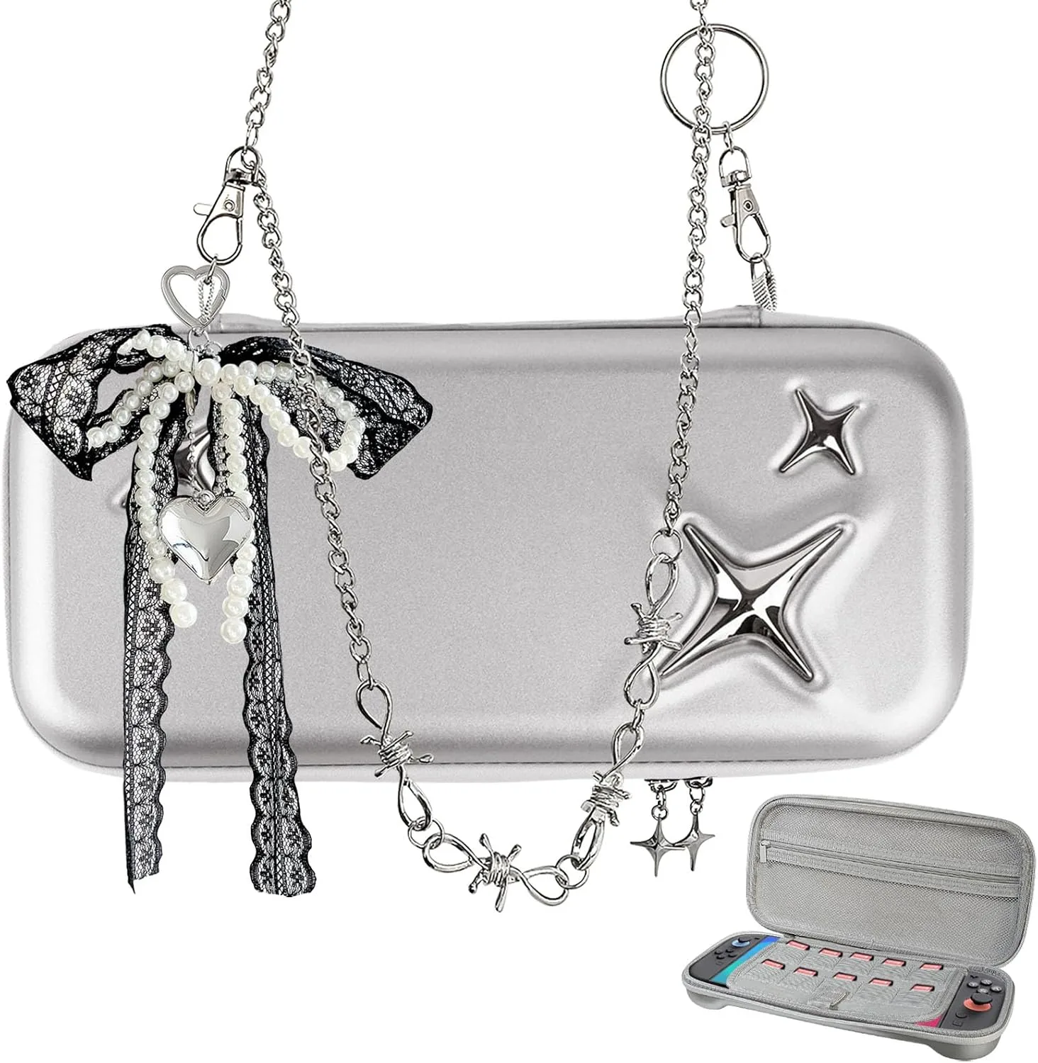 VirgoCCY Y2K Silver Carrying Case Set for Nintendo Switch 2 2025, with Y2K Silver Chain Strap, Handle Strap, Cute Charms Travel Cases Portable Storage Protective Hard Shell for Girls Girly