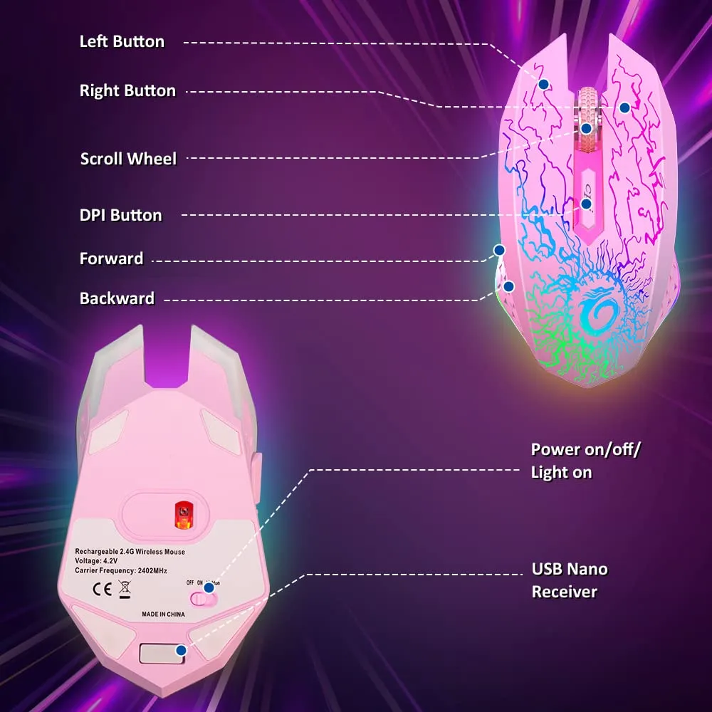 VersionTECH. Wireless Gaming Mouse, Rechargeable Computer Mouse Mice with Colorful LED Lights, Silent Click, 2.4G USB Nano Receiver, 3 Level DPI for PC Gamer Laptop Desktop Chromebook Mac-Pink