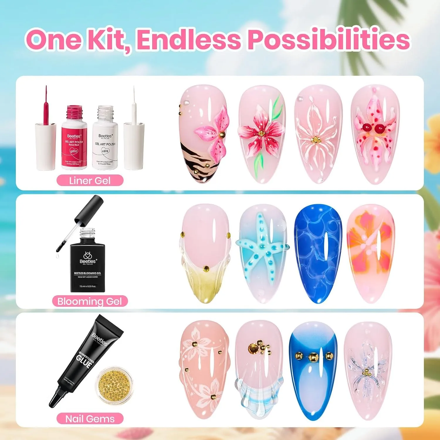 Beetles 3D Gel Nail Art White Clear Pink Coral Sands, with UV LED Nail Lamp