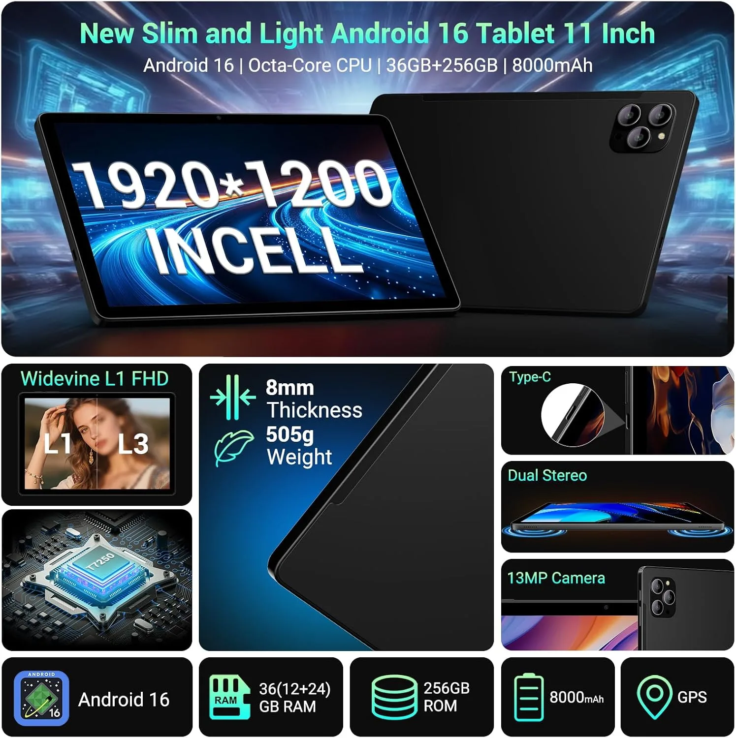 11 Inch Tablet Android 16 Tablet with Gemini AI, 2K FHD Display Tablets, 36GB RAM 256GB ROM, Octa-Core T615, 2-in-1 with Keyboard, 8000mAh,5G WiFi&16MP Camera, Widevine L1 for Stream Black
