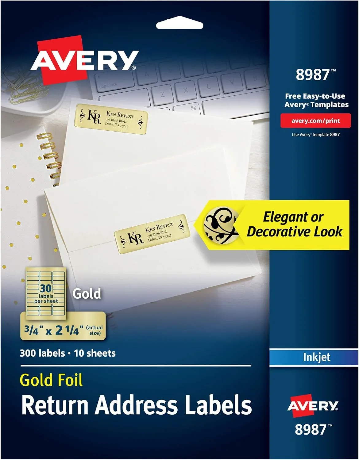 Stickers Avery Dorado para Direcciones Inkjet 3/4" x 2-1/4" 300 Etiquetas
