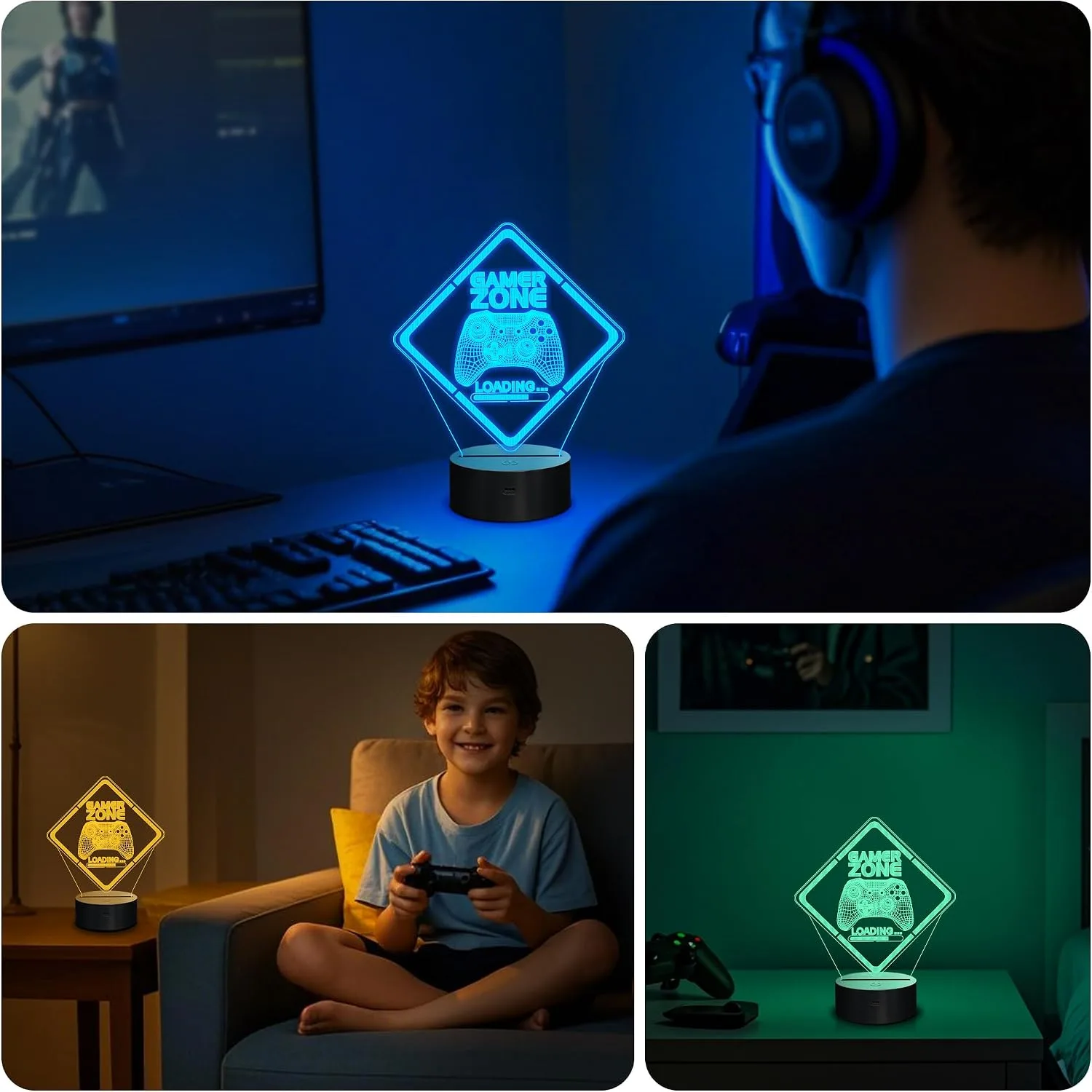 YuanDian Gamer Zone Night Light,Gamepad Gamepad Graphic Video Games Gamer Gift Funny 3D Illusion Lamp 16 Colors Changing Touch & Remote Control for Men Teenagers and Kids