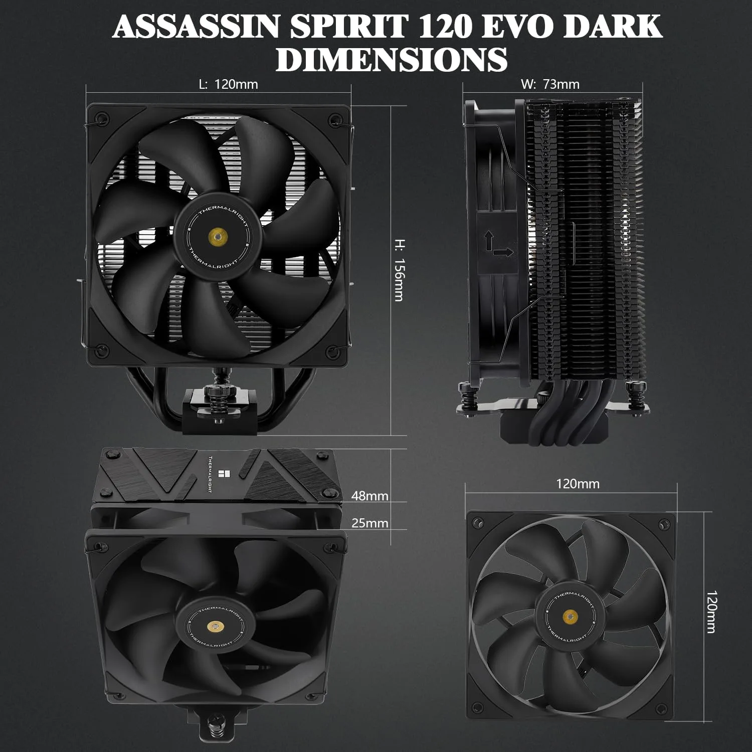 Thermalright Assassin Spirit 120 EVO Dark CPU Cooler,TL-E12B V2 PWM Quiet Fan with 1850RPM, Speed,CPU Air Cooler, Computer Black Heatsink Cooling, Support AM4/AM5,Intel 1700/1851/1150/1151/1155/1200
