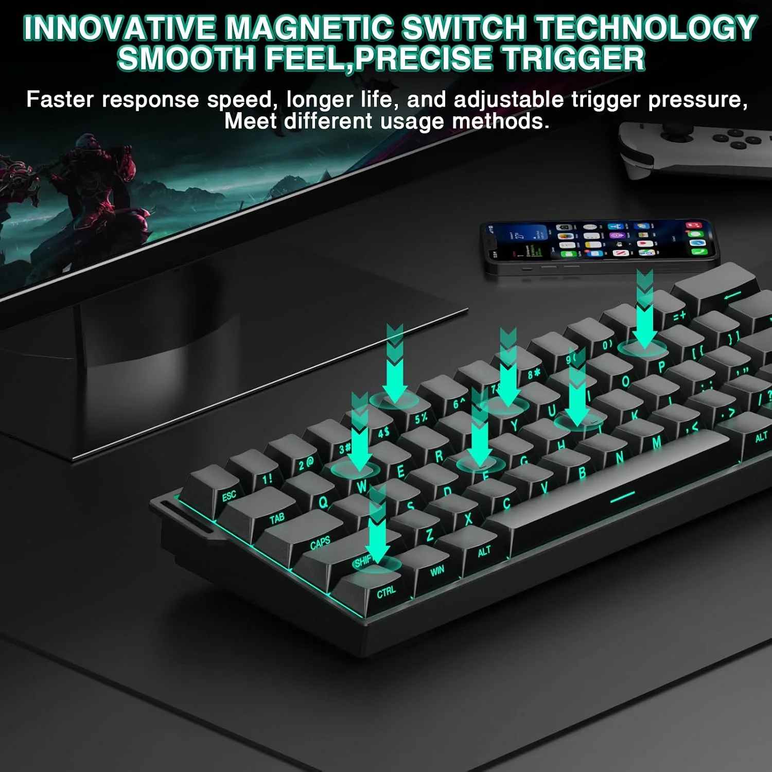 Aula MINI60 HE PRO Wireless Gaming Keyboard 60%,Hall Effect Rapid Trigger Magnetic Keyboard,8000Hz Polling,Tri-Mode(BT5.0/2.4GHz/USB-C),RGB Hot Swappable Compact Mechanical Keyboard for Gamer(Black)