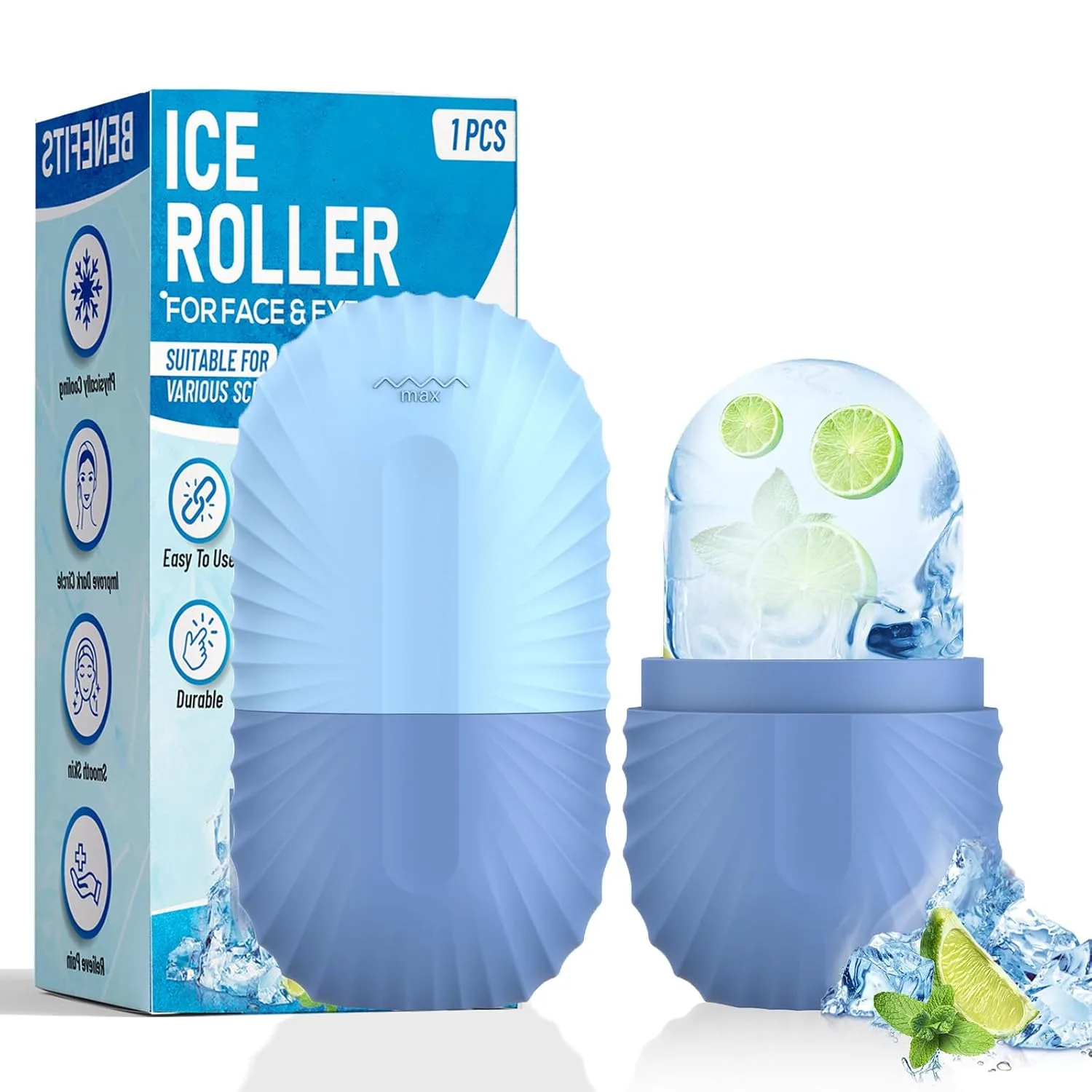 Ice Roller for Face and Eye, Silicone Ice Facial Roller Ice Holder, Face Ice Mold Skin Care, Face Icers Reusable Ice Cube Roller for Shrink Pores Anti Wrinkle Reduce Puffiness, Blue
