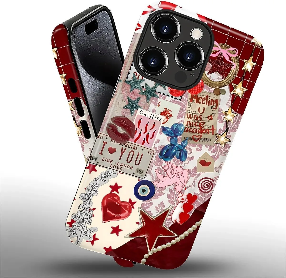 DAIZAG Case for iPhone 16 Pro Max,Mixed 2 Layer Design Shockproof Soft TPU Ddouble Protection Phone Case for iPhone 16 Pro Max-Conch Red Pearl Collage