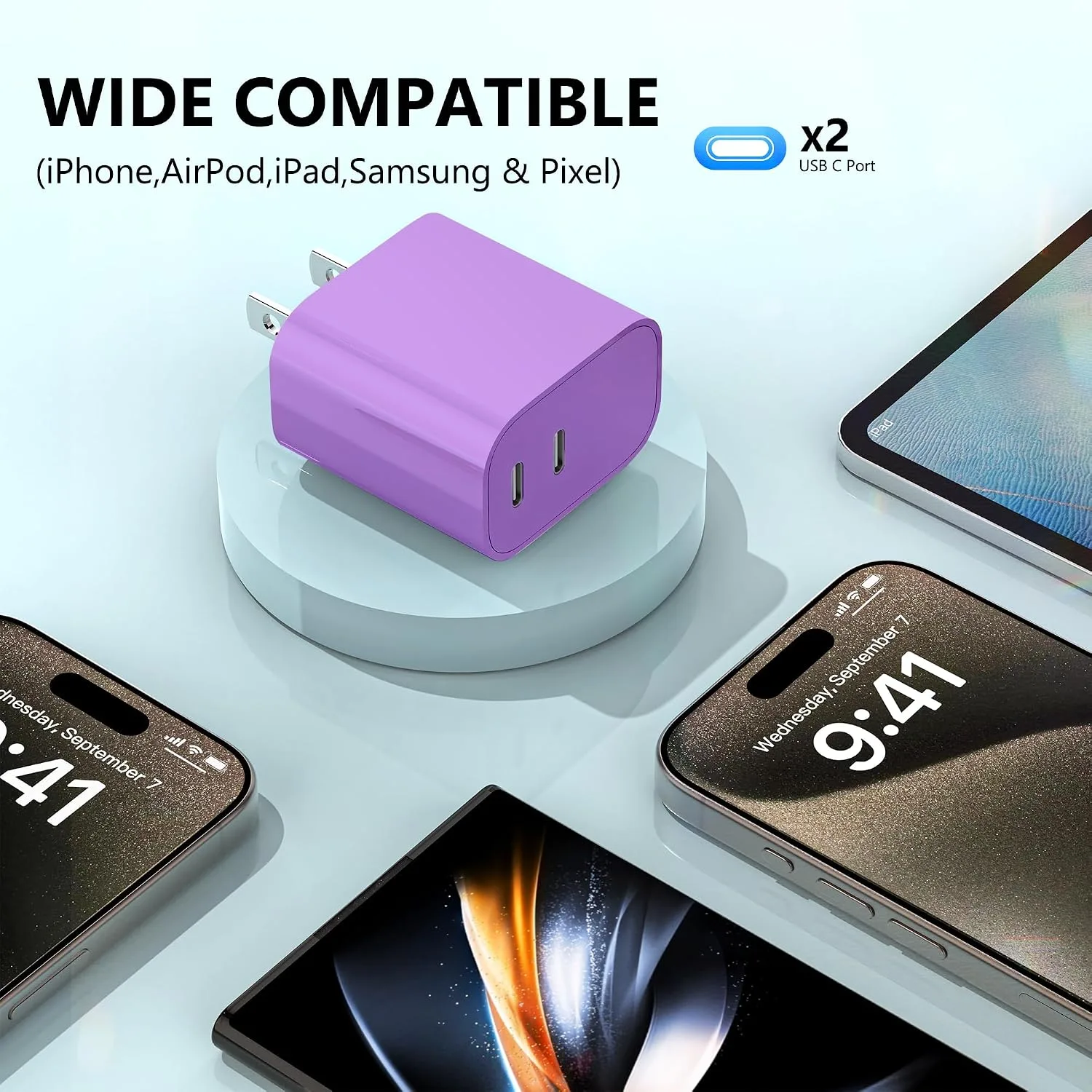 USB C Charger Block 3 Pack, Dual Port 20W Fast Wall Plug(Purple)