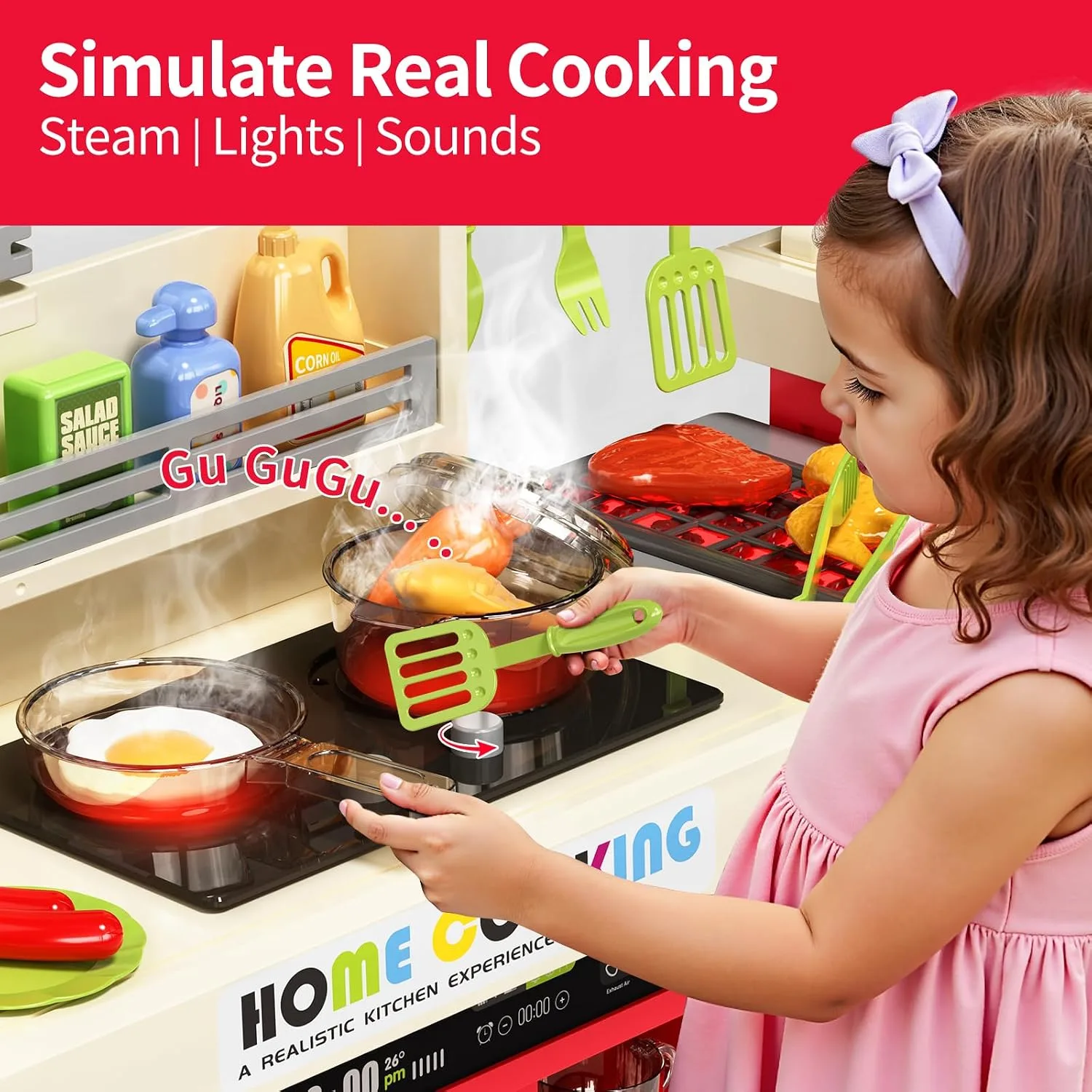 Pupu Pig Play Kitchen, Kids Kitchen Playset with Steam, Lights and Sounds