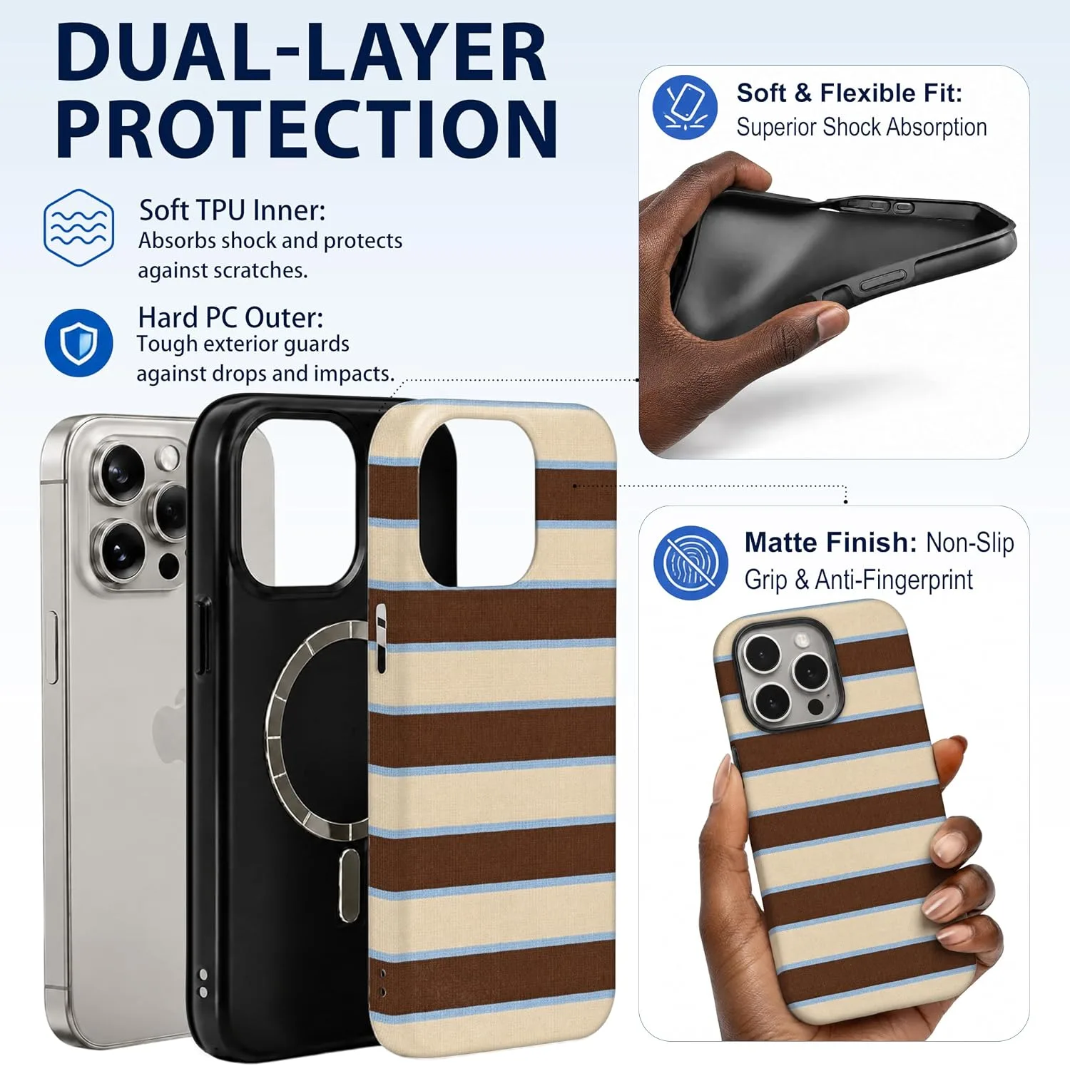 Magnetic for iPhone 15 Pro Max Brown Horizontal Striped Phone Case