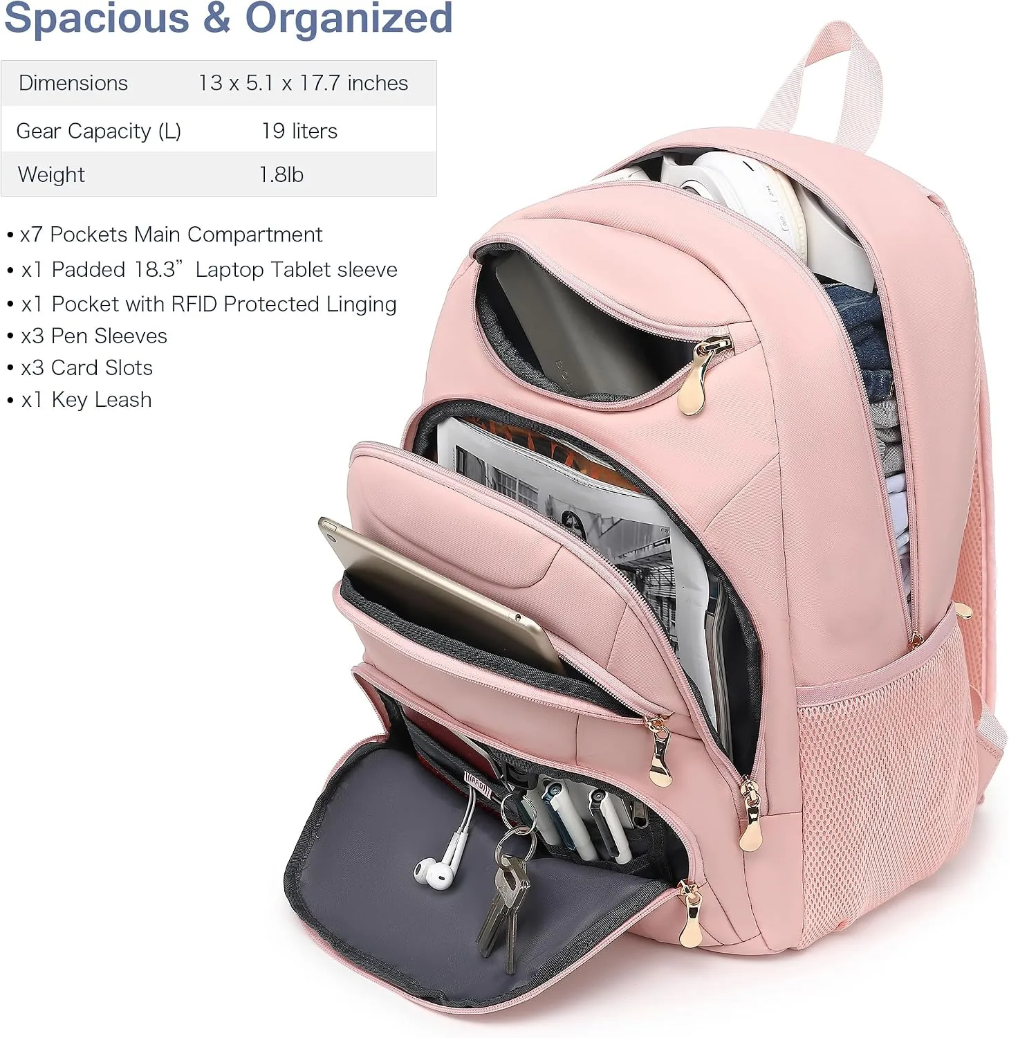 Boavan Laptop Backpack for women, 15.6 inch Laptop Bag with USB Port, Waterproof Travel Work Backpack Purse, Anti-Theft Teacher Nurse Doctor Casual Bookbags Office Business backpack，Pink