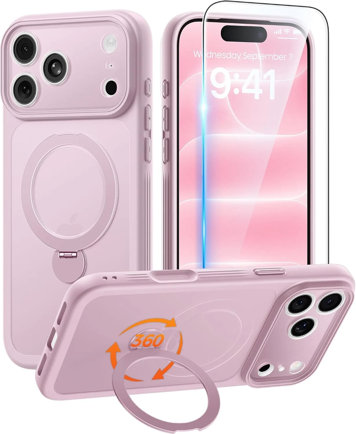 for iPhone 17 Pro Case with 360 Spin Stand, Light Pink