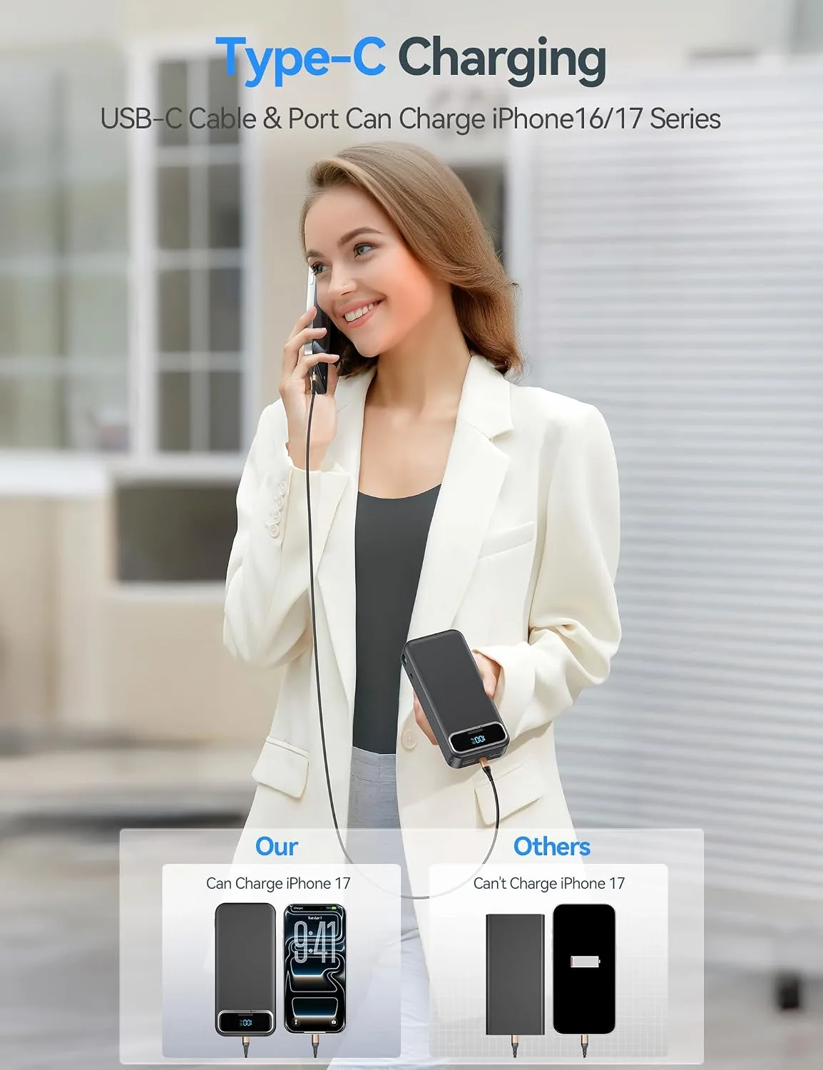 aonidi Portable Charger 20000mAh with Built-in Cables&AC Wall Plug, Black