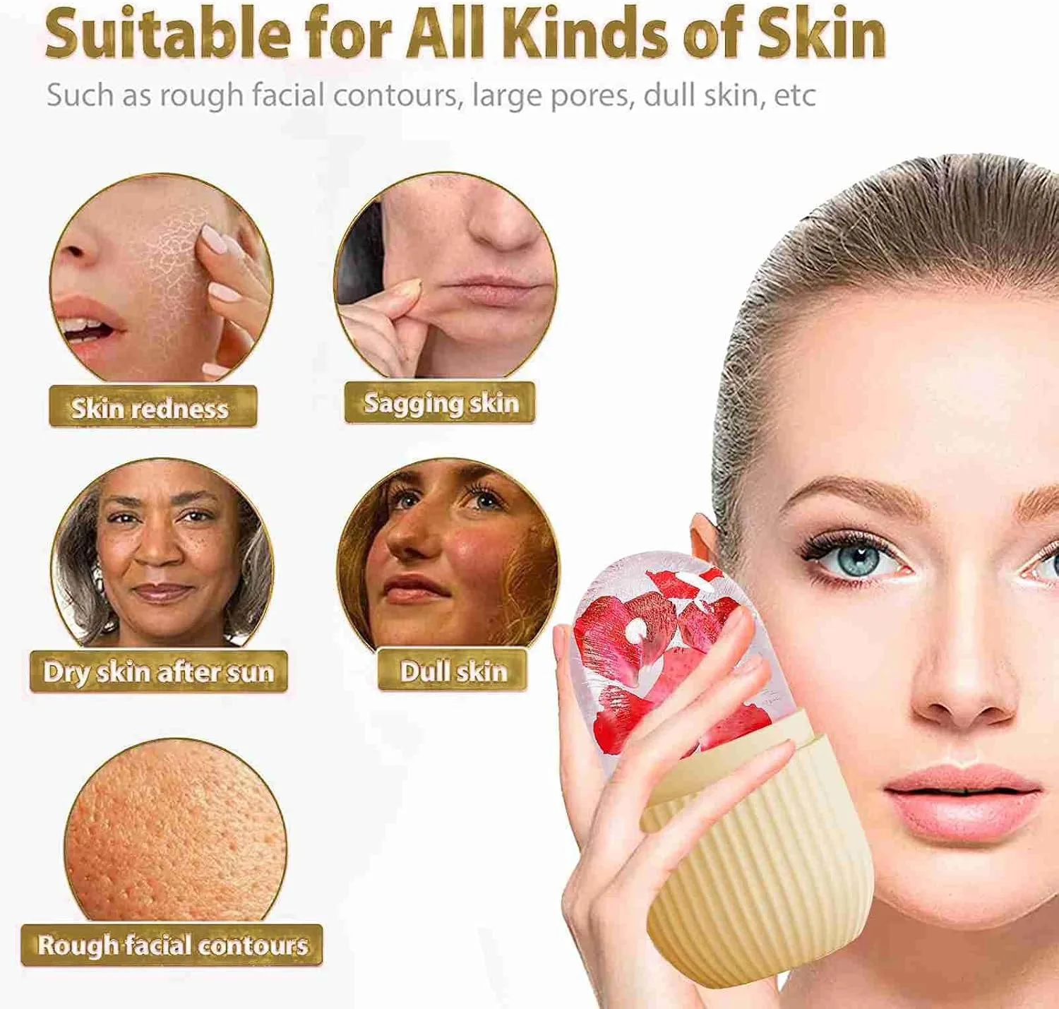 XHJRI Ice Face Roller Massager,Ice Cube Roller for Face, Eyes and Neck Naturally Conditioning and Skin Care,De-Puff Eye Bags,Reduce Migraine Pain,Reusable Massage Silicone Ice Mold (Beige)