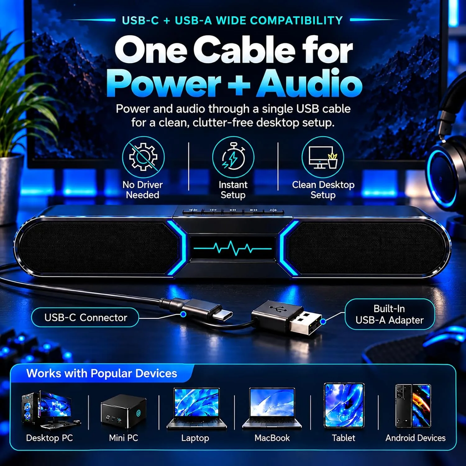 Computer Speakers for Desktop PC, Bluetooth PC Soundbar with Dual Bass Reflex for Monitor, USB Powered RGB Gaming Speakers with USB Wired Input, Stereo Sound for Laptop, Tablet and Desktop Setup