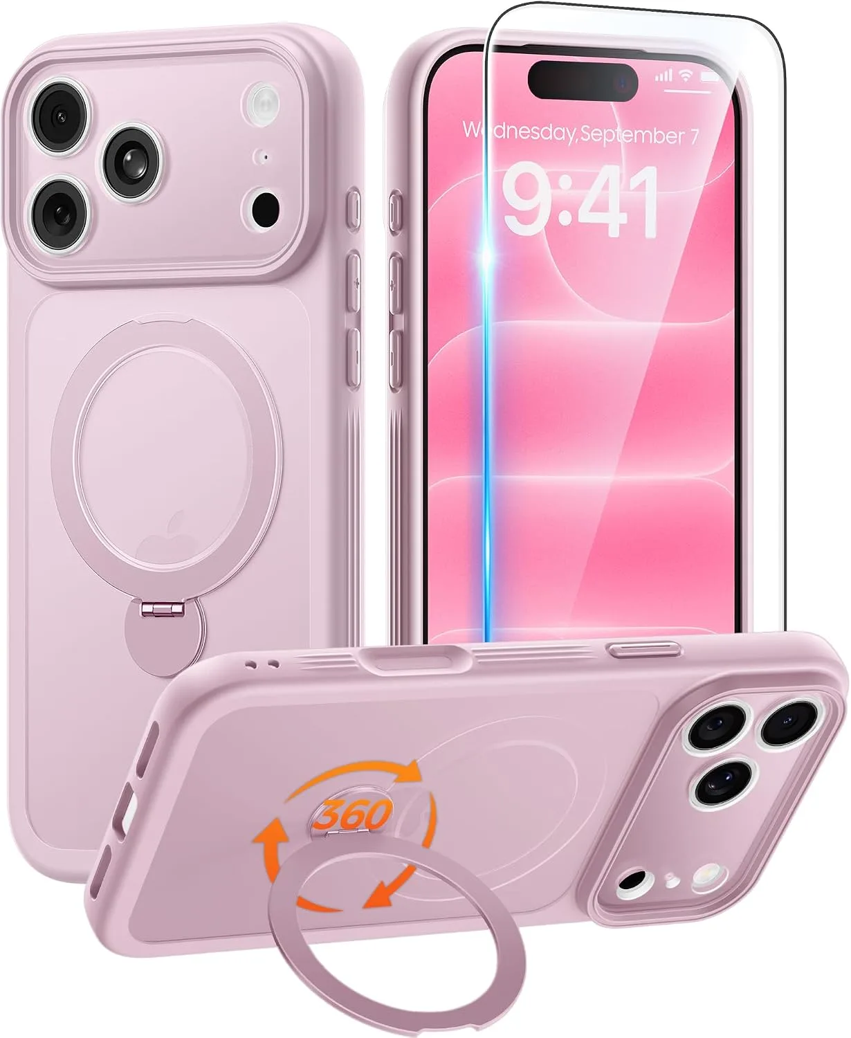 for iPhone 17 Pro Max Case with 360 Spin Stand, Light Pink