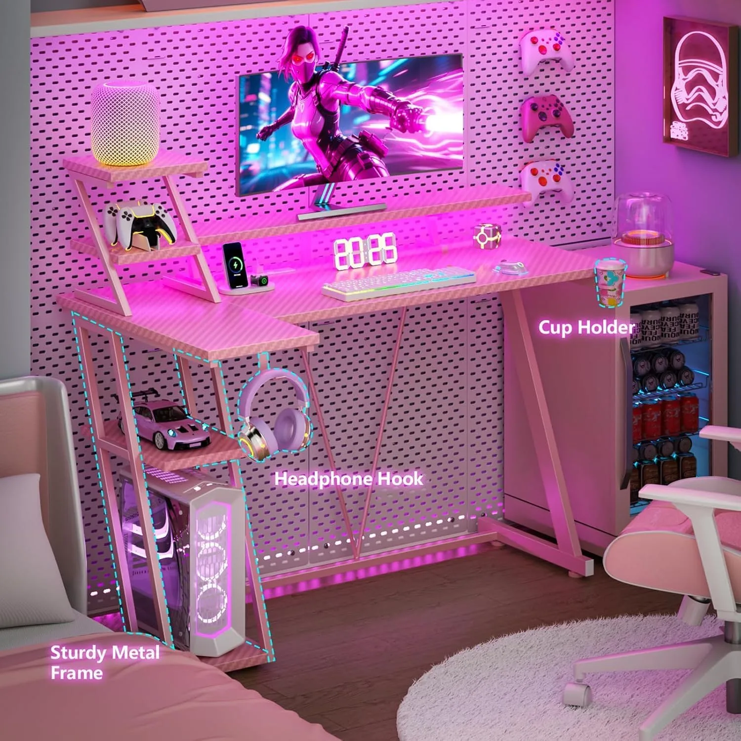 Korfile 40 Inch Gaming Desk with LED & Power Outlet, Carbon Fiber Pink
