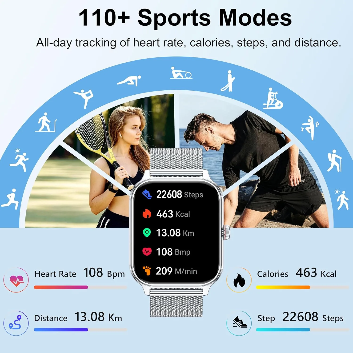 Smart Watch Women Men, 1.96" Reloj Inteligente para Mujer, Fitness Tracker, Blood Pressure/Heart Rate/SpO2 & Sleep Monitor, 110+ Sport Modes, Make/Answer Call, Voice Assistant for iOS Android