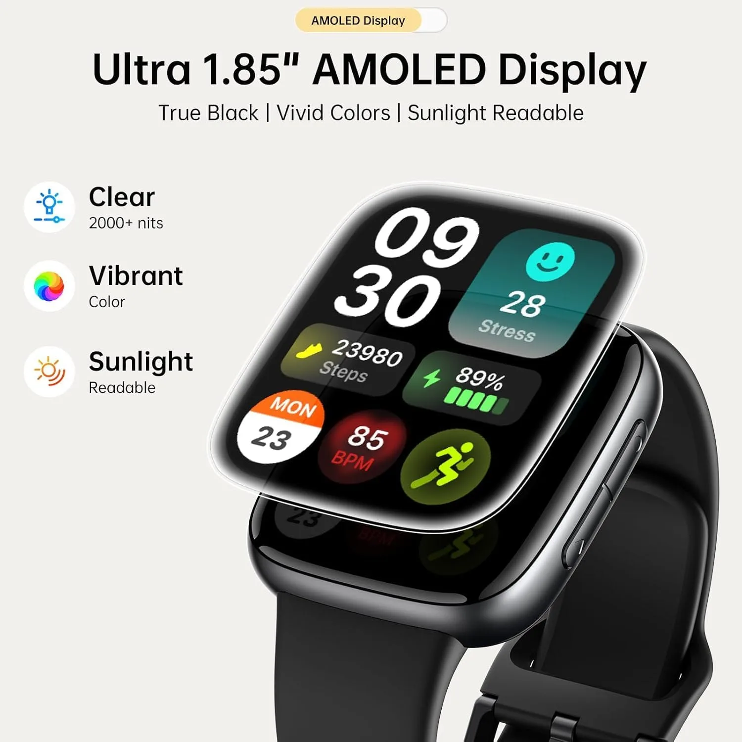 Quican Smart Watch for Women Men (2 Bands), 1.85" AMOLED Smartwatch for iPhone & Android Phones, Heart Rate/ SpO2/ Sleep Monitor, 3ATM Waterproof, Calls & Messages, 120+ Sports Modes Fitness Tracker