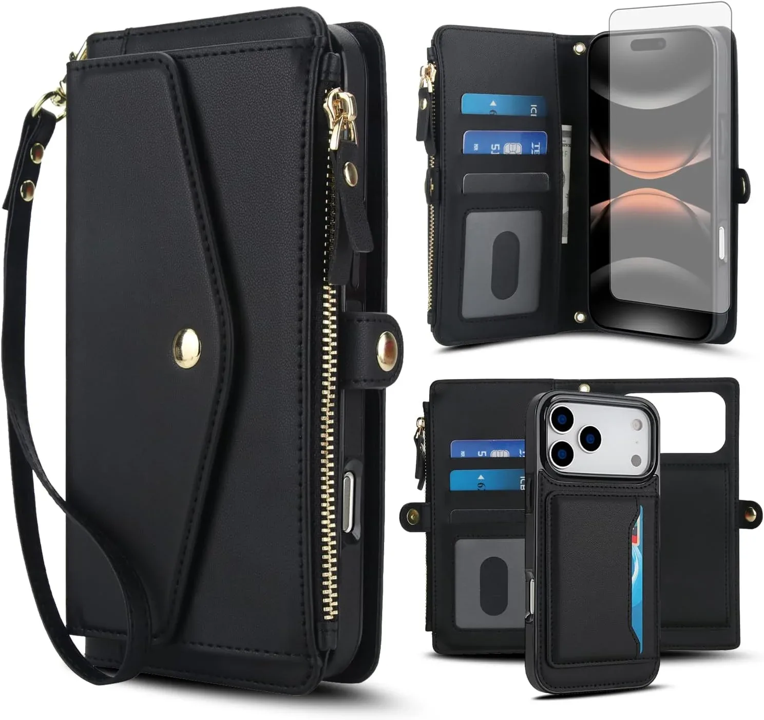 Phone Case for iPhone 17 Pro Max 6.9 inch 2025 Wallet Cover Compatible with Magsafe RFID Screen Protector Crossbody Lanyard Strap Flip Card Holder Slot Zipper Purse i Phone17 i17 17ProMax Black