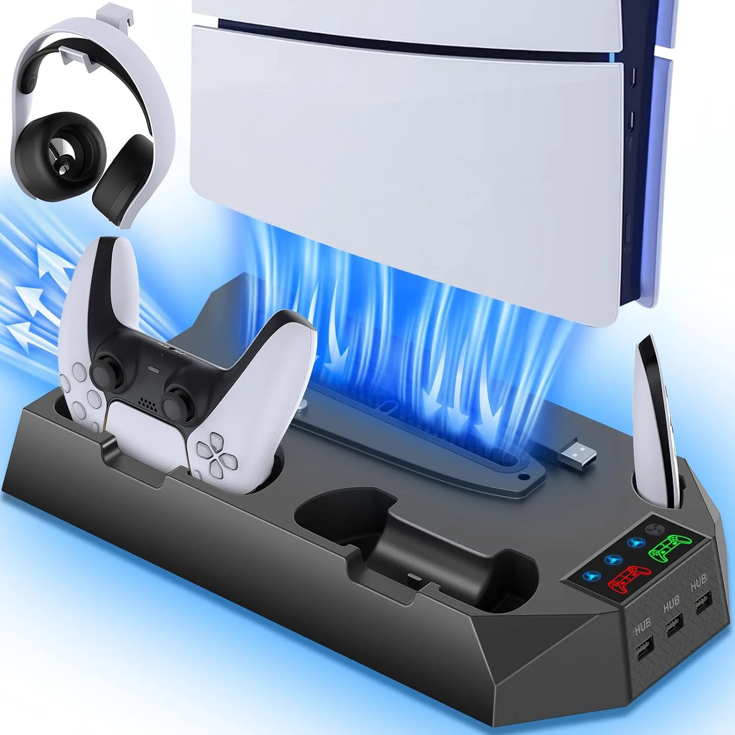 PS5 Slim Stand and Cooling Station with Controller Charging Station for Playsation 5 Slim&Standard Disc/Digital Console, PS5 Accessories Incl. Charger/Turbo Fan/3 USB Hub/Headset Holder - Black
