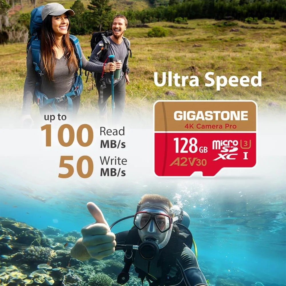 【5-Yrs Free Data Recovery】 GIGASTONE Memory Card 128GB 2 Pack 4K Pro Camera, Compatible with GoPro Switch, Speed 100MB/s. A2 U3 V30 Micro SDXC Card with SD Adapter.