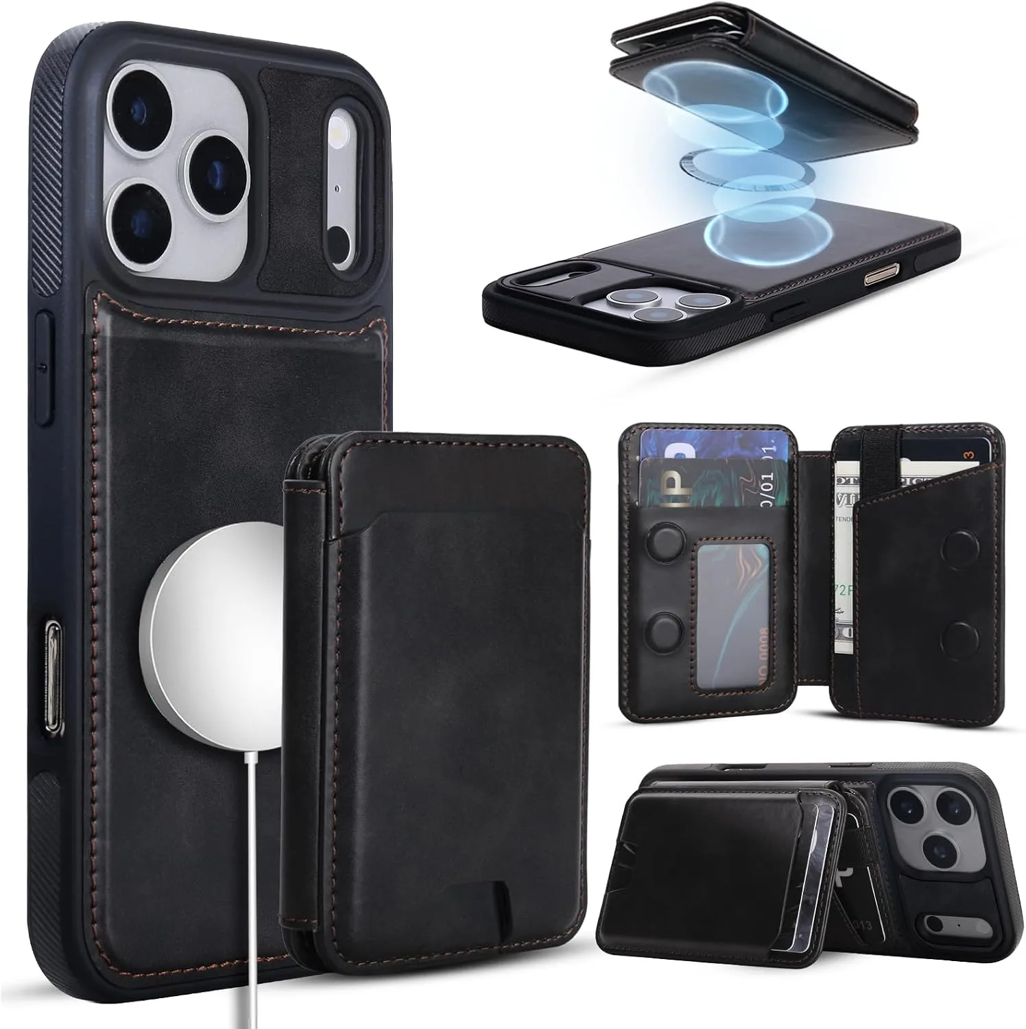 Magnetic Detachable Wallet Case for iPhone 18/17 Pro Max with Kickstand,2-in-1 MagSafe Compatible RFID Blocking Card Holder,Slim PU Leather Cover Vintage Black