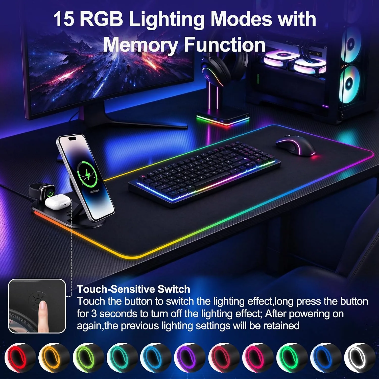 VOVIPO RGB LED Gaming Mouse Pad with Magnetic Wireless Charging&Foldable Phone Holder,15 Light Modes,15W Fast Charge,Waterproof Keyboard Pad,80*40*0.4CM XXL Ultra-Smooth Desk Mat for MacBook,PC,Laptop