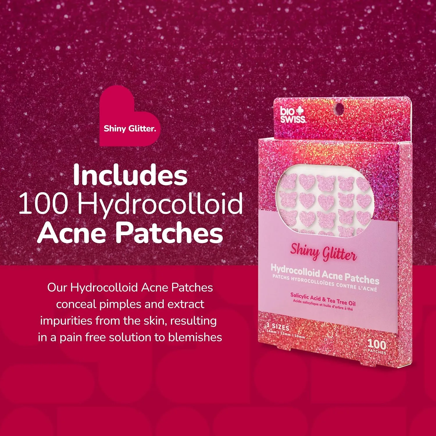 BioSwiss Pimple Patches, Shiny Glitter Patch for Zits and Blemishes, Hydrocolloid Spot Stickers for Face and Skin, 100 Count