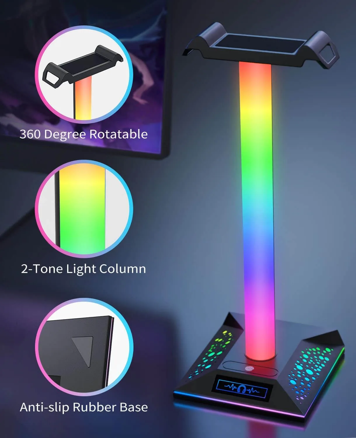 RGB Gaming Headset Stand, LED Headset Holder with 3 Charging Ports (2 USB & 1 Type-C) & 10 Lighting Modes, Headphone Stand Cool Stuff for Boys, Desk PC Gaming Accessories Gifts for Gamers Men Adult