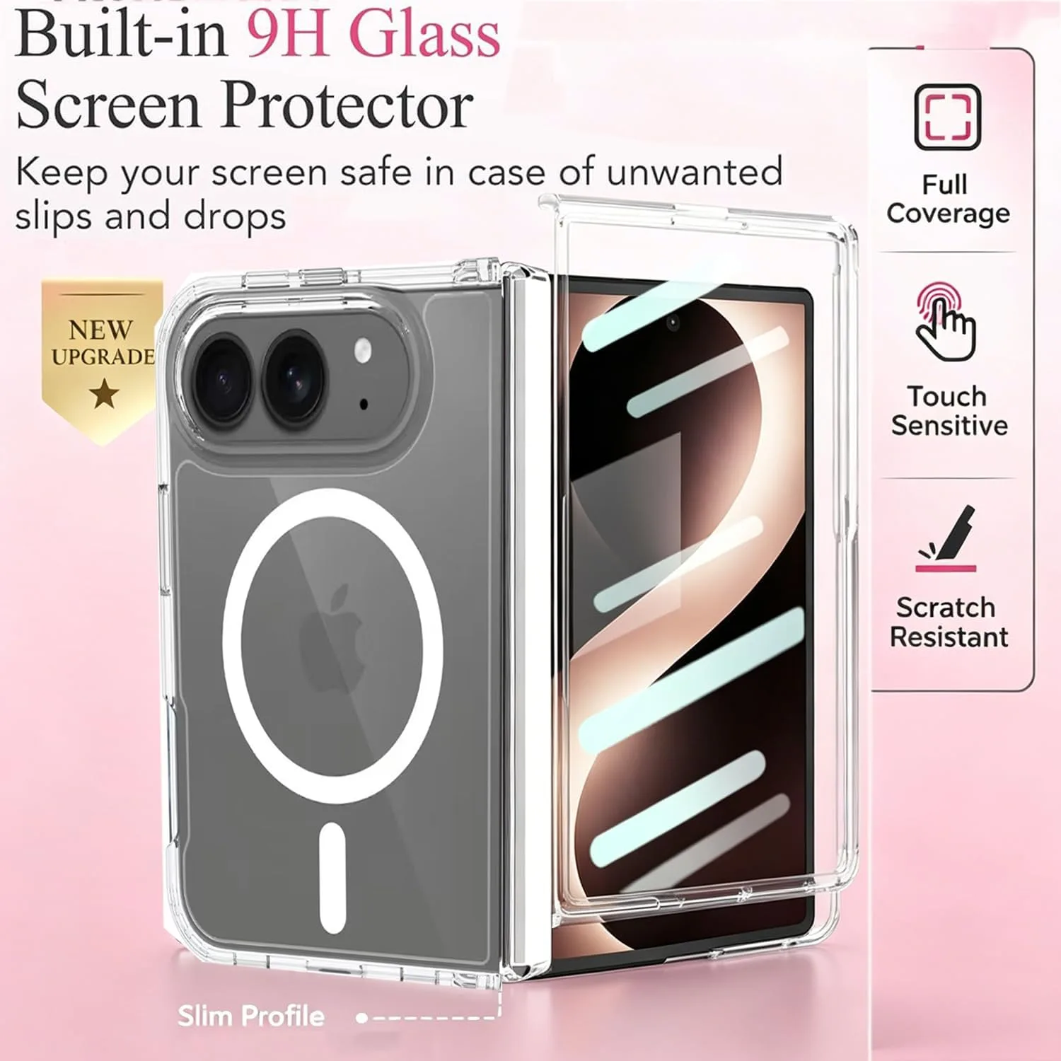 for iPhone Duo Case Compatible with MagSafe, Bulit-in Screen Protector & Spring Hinge Protection, Ultra Strong Magnetic 360° Protection Anti-Yellowing Crystal Clear Phone Cover for Apple iPhone Duo
