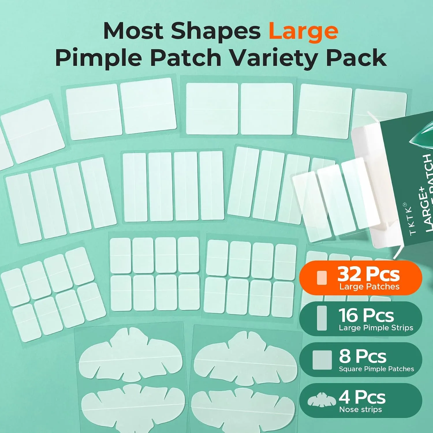 TKTK Large Hydrocolloid Pimple Patches for Acne Breakouts, 4 Big Sizes