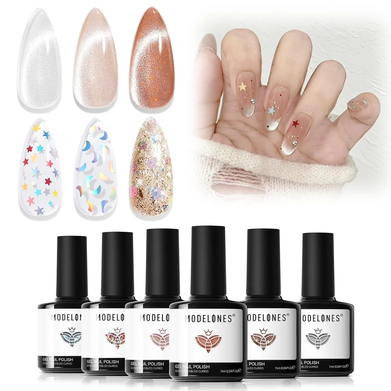 modelones Cat Eye Gel Nail Polish Set Glitter 6Colors Nude Brown