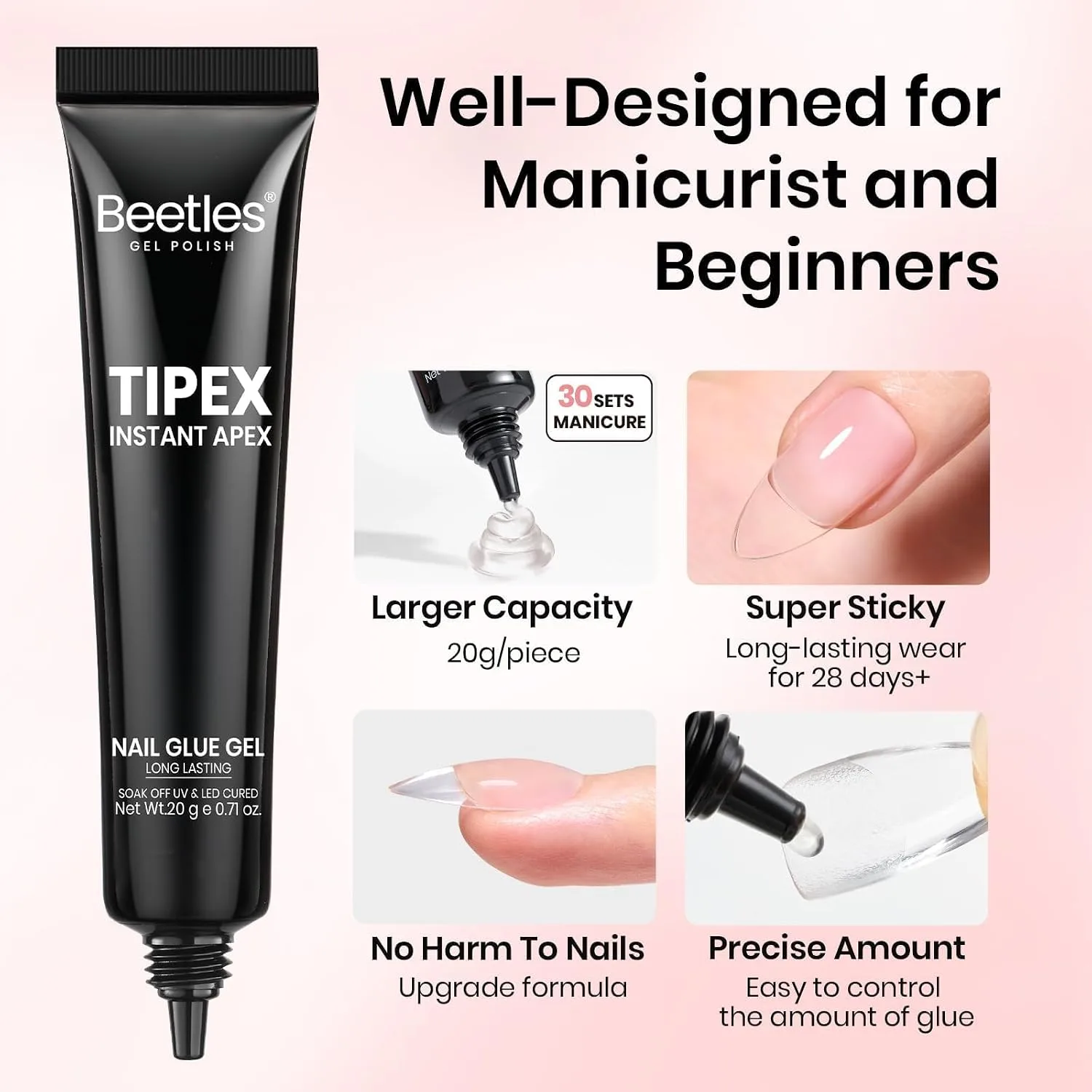 Beetles Tipex Nail Glue Gel 2Pcs 20g, Super Strong Solid Nail Glue
