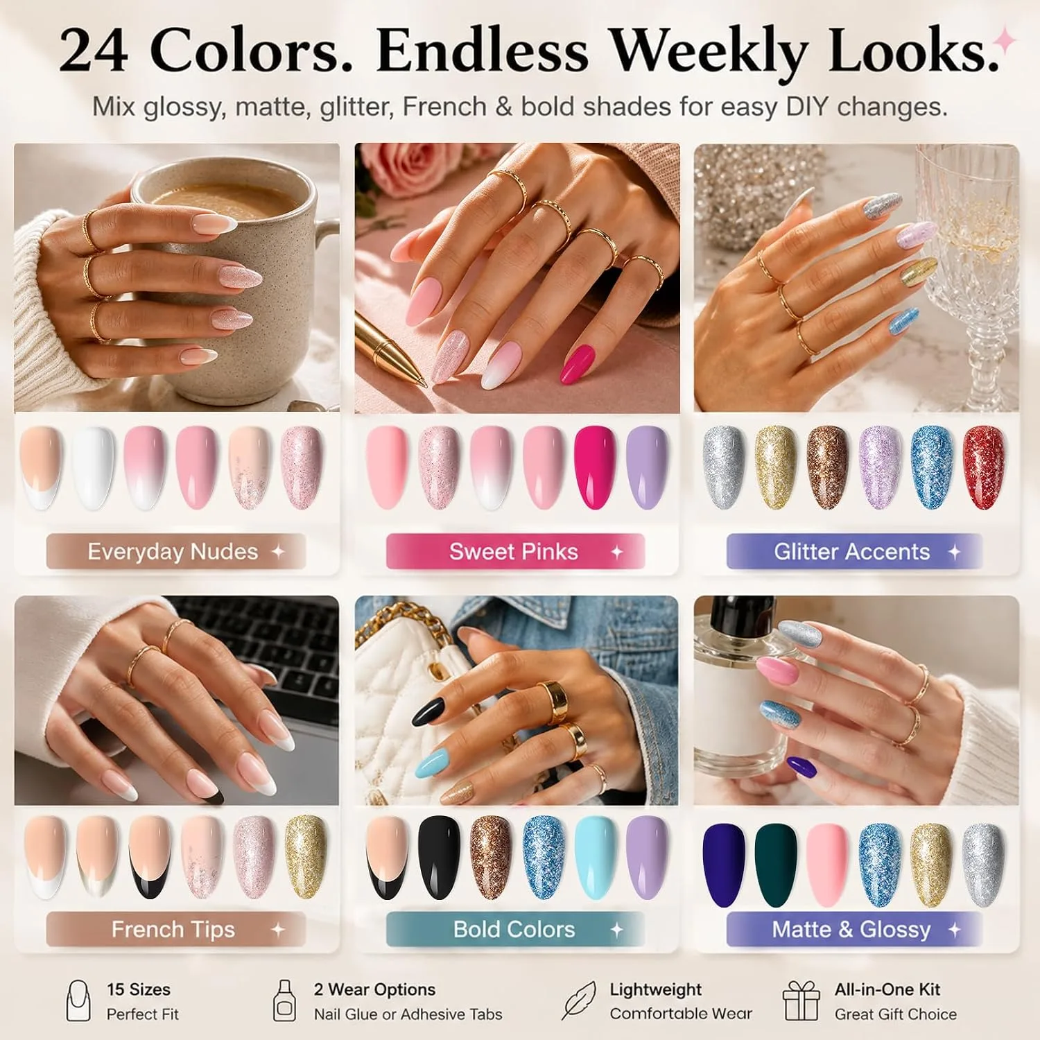 Beetles Press on Nails Kit- 720 Pcs Short Almond 24 Colors