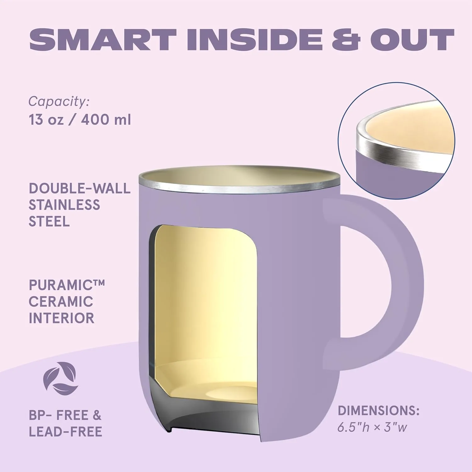 asobu Happy Hat Mug – 12 oz Double-Walled Stainless Steel Insulated Cup with Beanie-Shaped Lid – Ceramic Inner Coating – Spill-Proof and Ergonomic Design for Home and Travel (Purple)