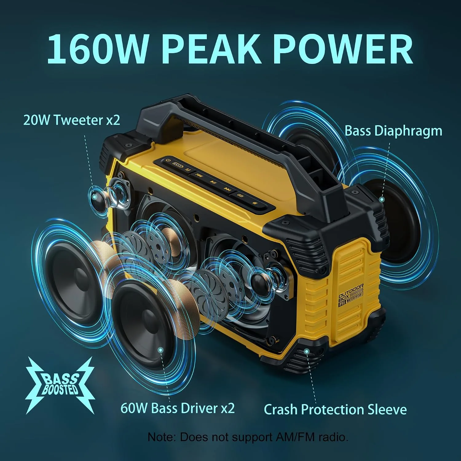 Outdoor Bluetooth Speaker, 160W, Loud, IPX6 Waterproof, 20H, TWS, Yellow