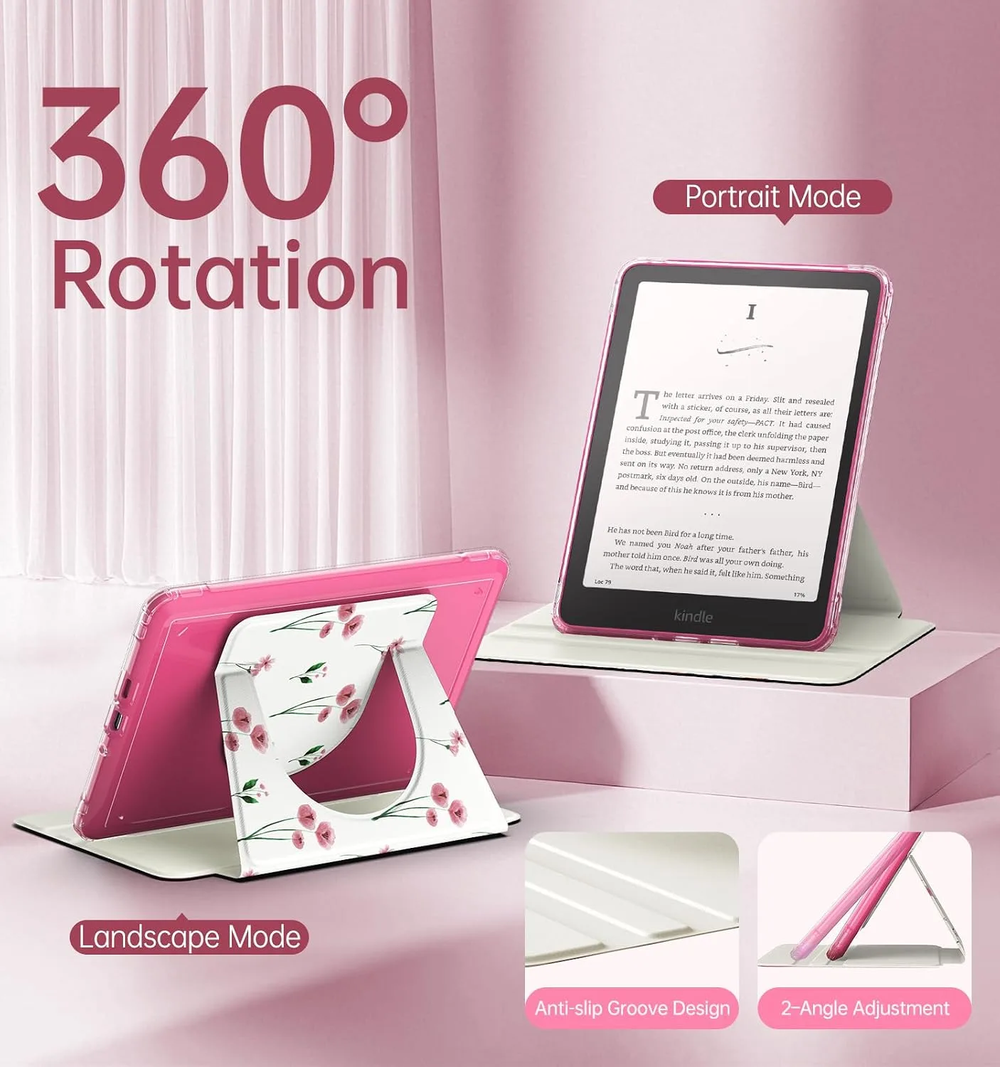 MoKo 360°Rotating Detachable Case for 7" eBook Reader, Pink Florals