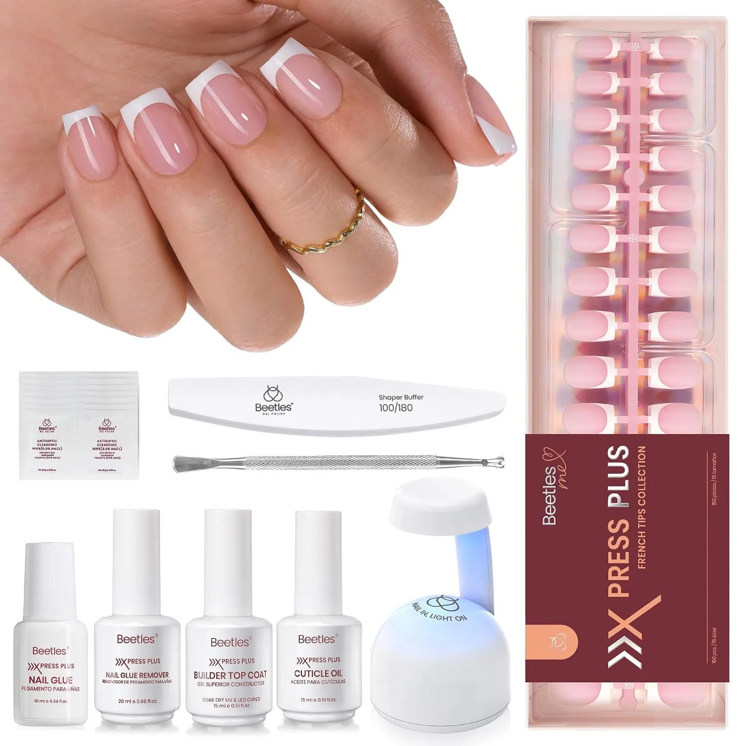 Beetles French Tip Press On Nail Kit - Short Square 150 Pcs 15 Sizes