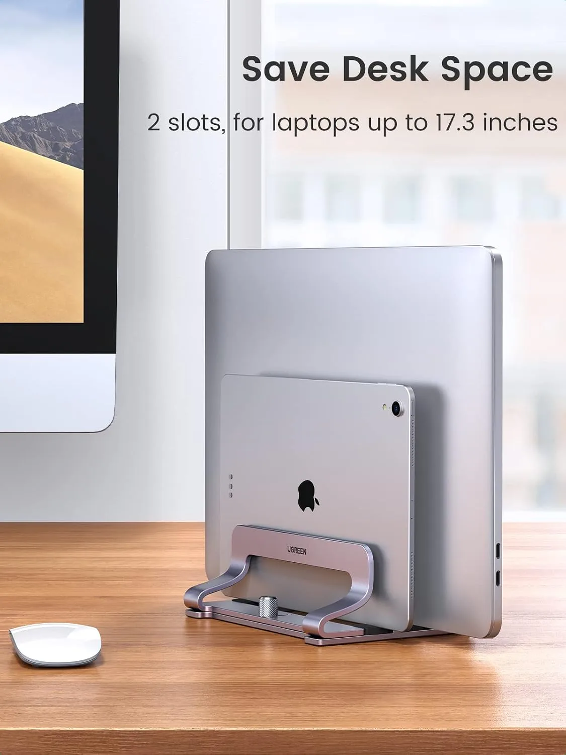 UGREEN 2-Slot Vertical Laptop Stand Holder Desk Compatible with MacBook Pro Air Laptop Stand Desktop Adjustable, Lenovo Ideapad, Surface Book, HP Notebook, Dell Chromebook Up to 17.3 Inch, Space Gray
