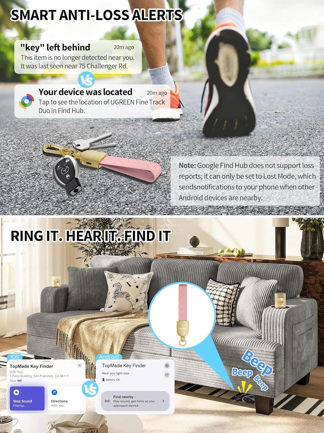 Smart Keychain Tracker (iOS & Android), Car Key Chains Finder, Pink & Gold