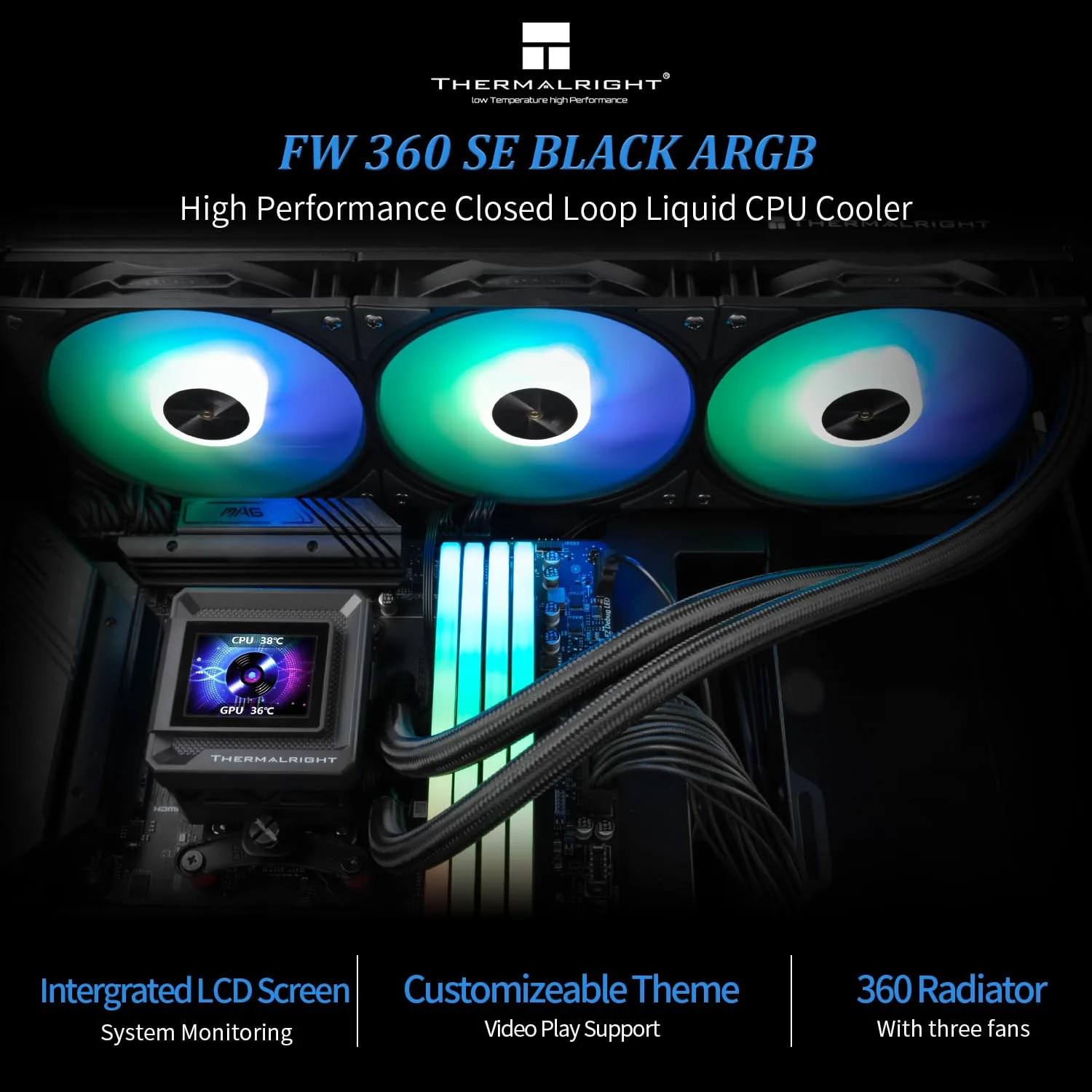 Thermalright FW360 SE ARGB Black CPU AIO,PC 360 Specification Water Cooler System,IPS LCD Screen with 320x240 Resolution,for AM5,Intel LGA1700/1851,CPU Cooler Comes with 2-inch LCD Display