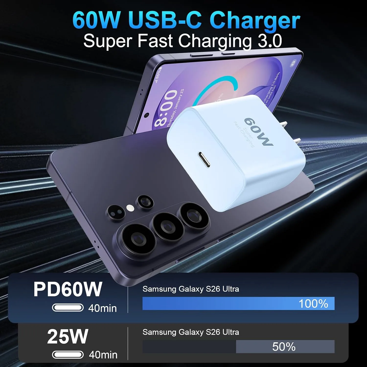 Super Fast Charger Type C 60W USB C Fast Charger Block with 10FT Extra Long Type-C Charging Cord-Super Fast Charging 3.0 for Samsung Galaxy S26 Ultra/S26/S26+/S25 /S24/S23 Ultra-Blue