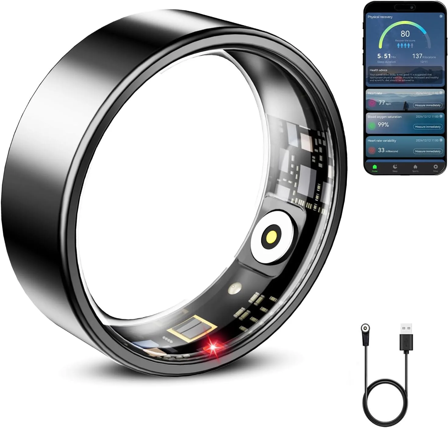 Mirlray Smart Ring for Women & Men, Smart Ring Health Tracker, Blood Oxygen & Heart Rate Monitor, Long Lasting Battery Sleep Ring, Waterproof Fitness Ring (R02C, Black, 7)