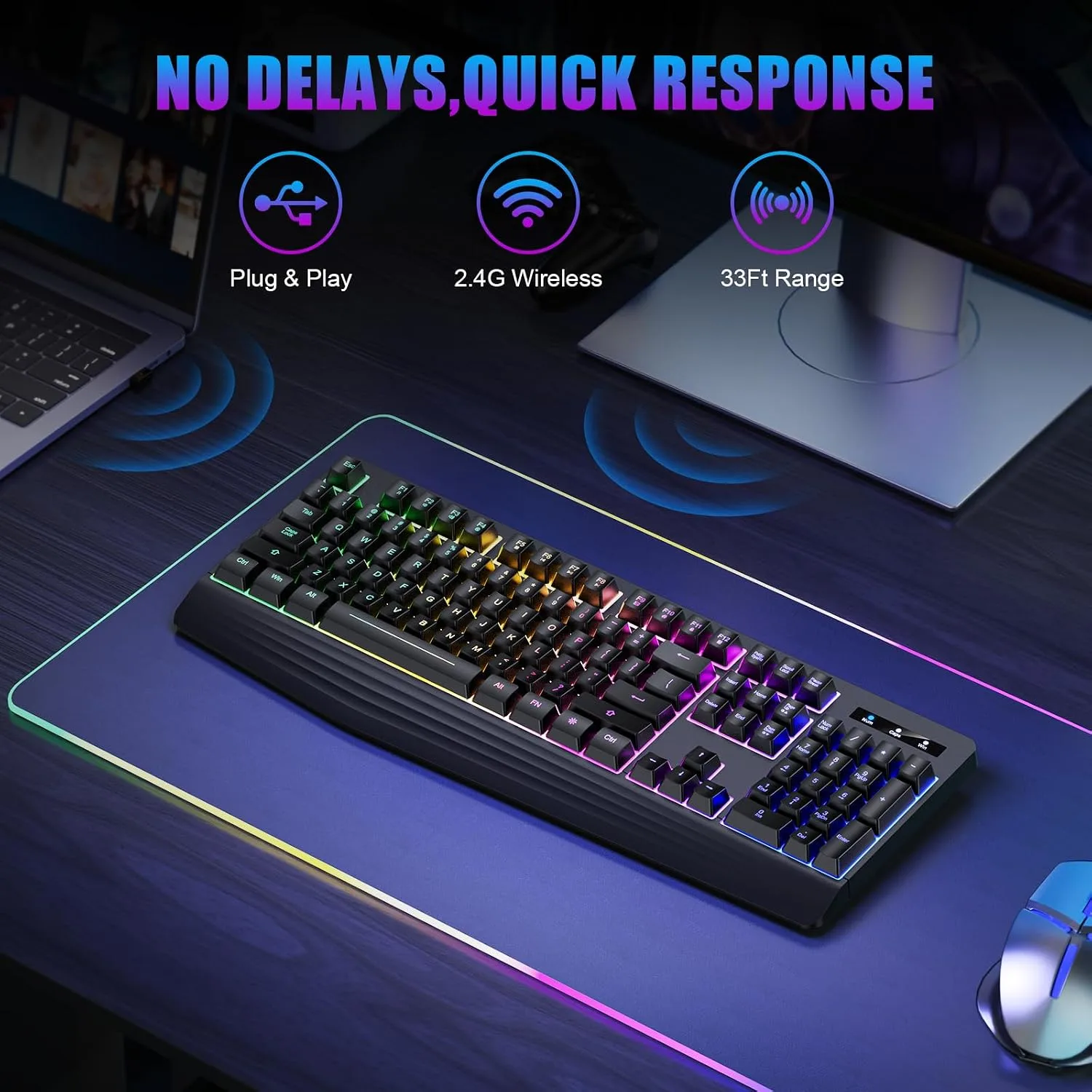 Wireless Gaming Keyboard, RGB Backlit Silent, Full-Size Waterproof Keyboard