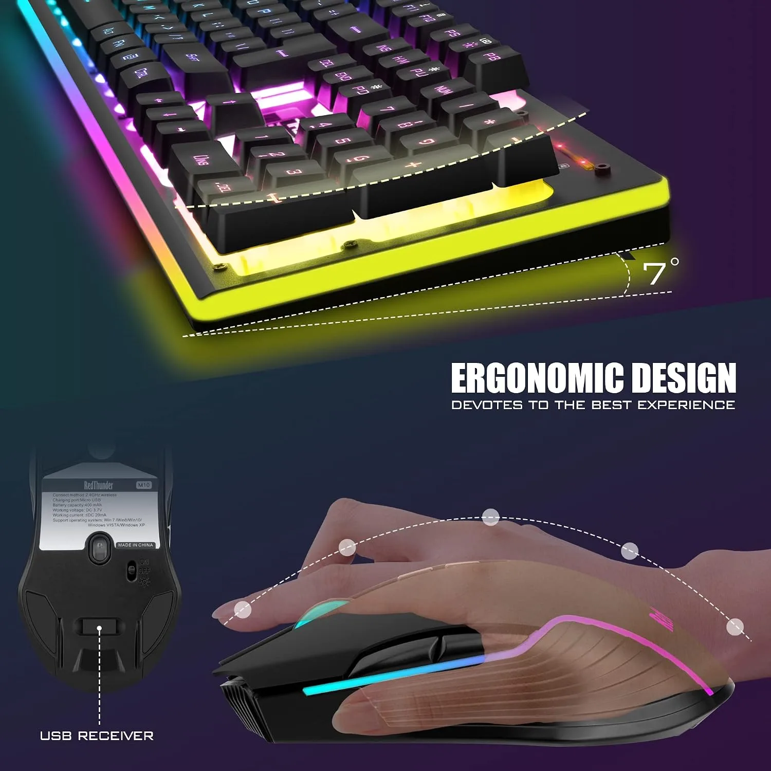 RedThunder K10 Wireless Gaming Keyboard and Mouse Combo, RGB Backlight Rechargeable 3800mAh Battery, 26-Key Anti-ghosting Keyboard + 7D 3200DPI Mice for PC Gamer